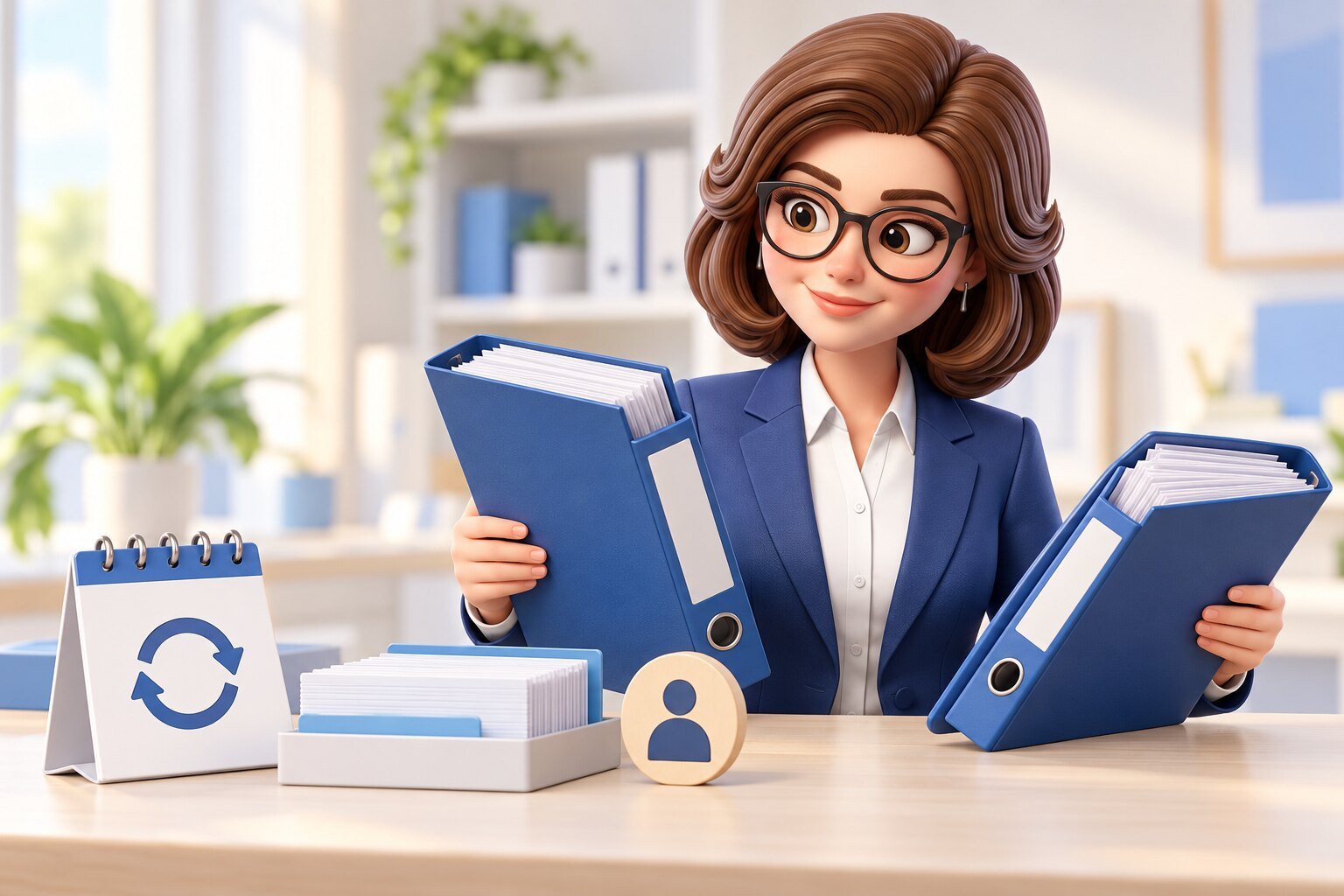 Sara reviews policy binders and template cards with document ownership and review reminders.