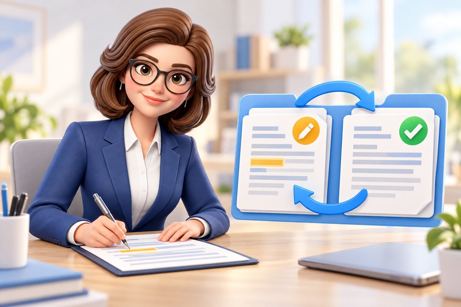 Sara updates a document and rechecks the same review, illustrated with refresh arrows and a checklist.
