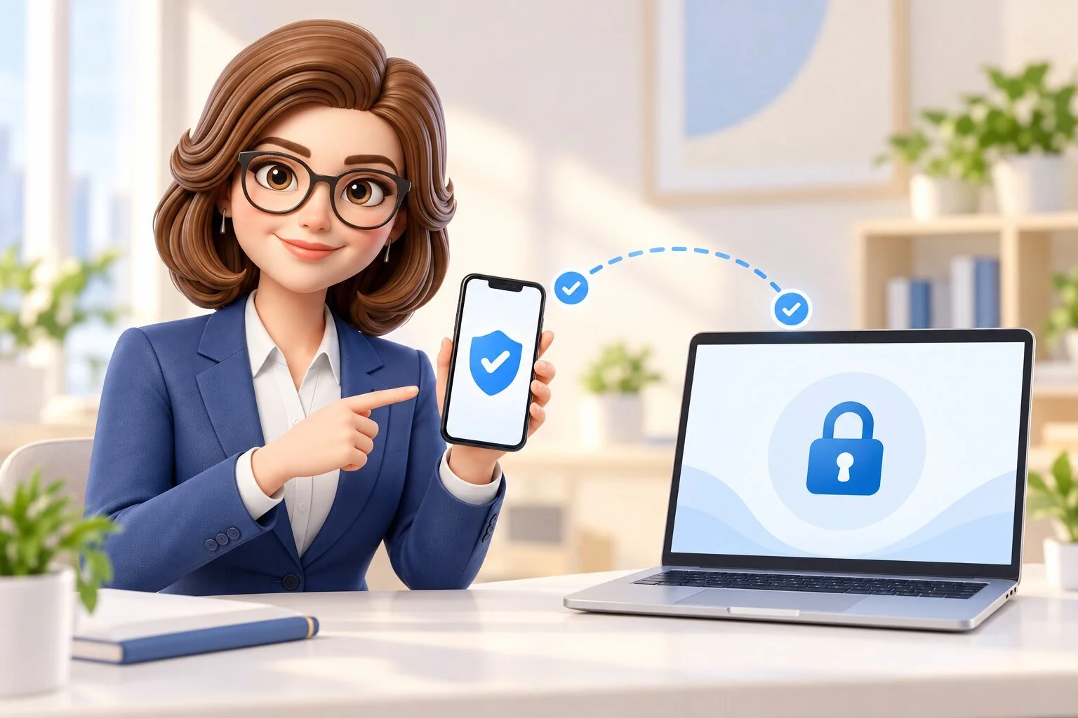 Sara demonstrates a two-step sign-in using a phone and laptop with security symbols.