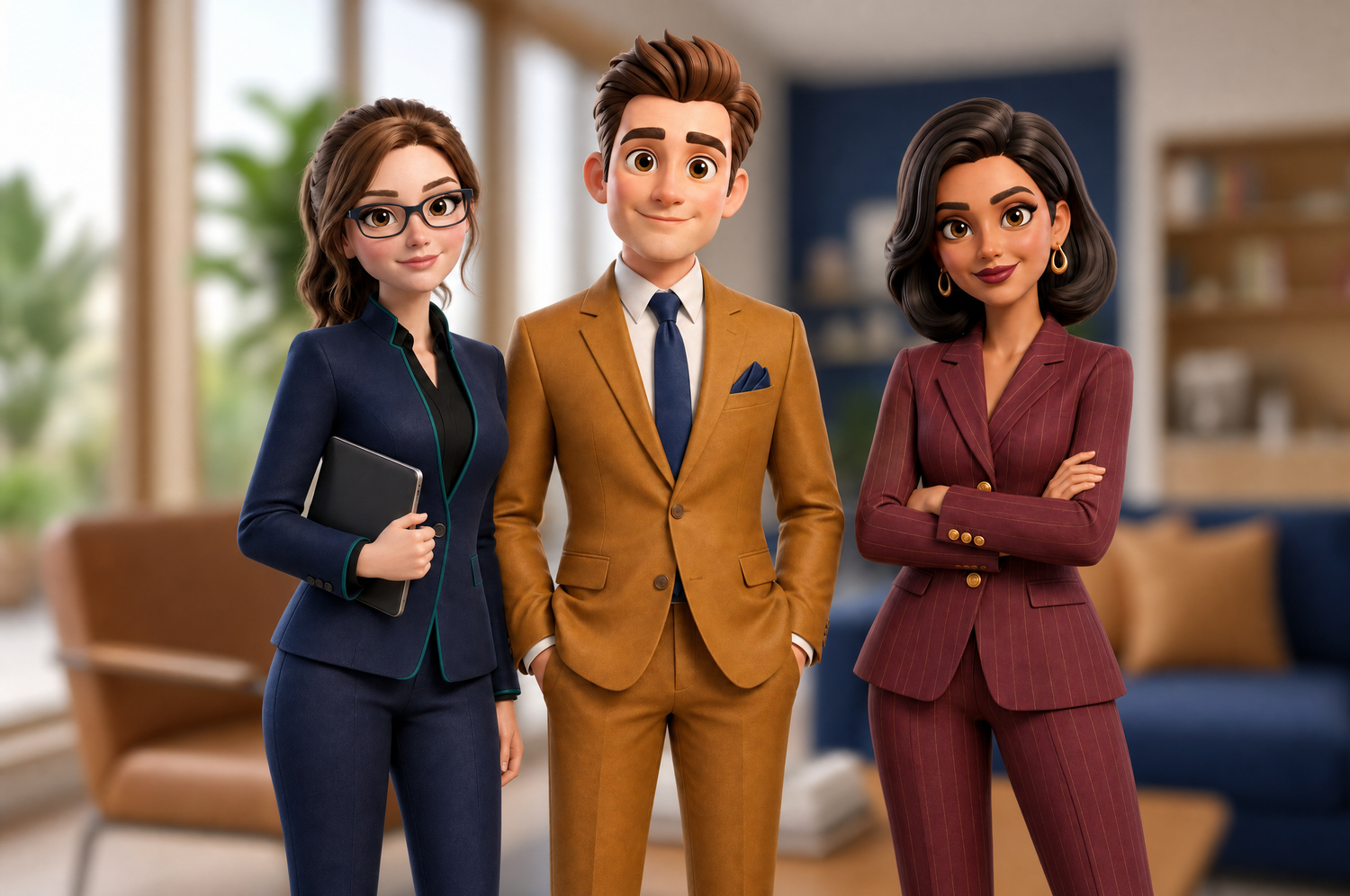 Sara, Finley and Rima, the iComply2 AI assistants, standing together in an office