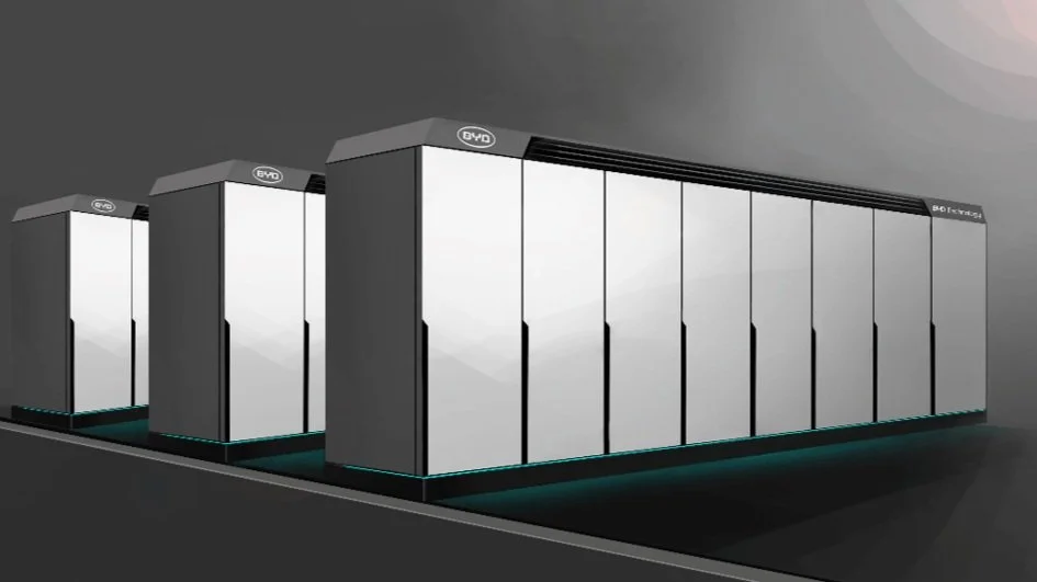 Rows of large, sleek battery storage units with futuristic design, likely for energy storage.