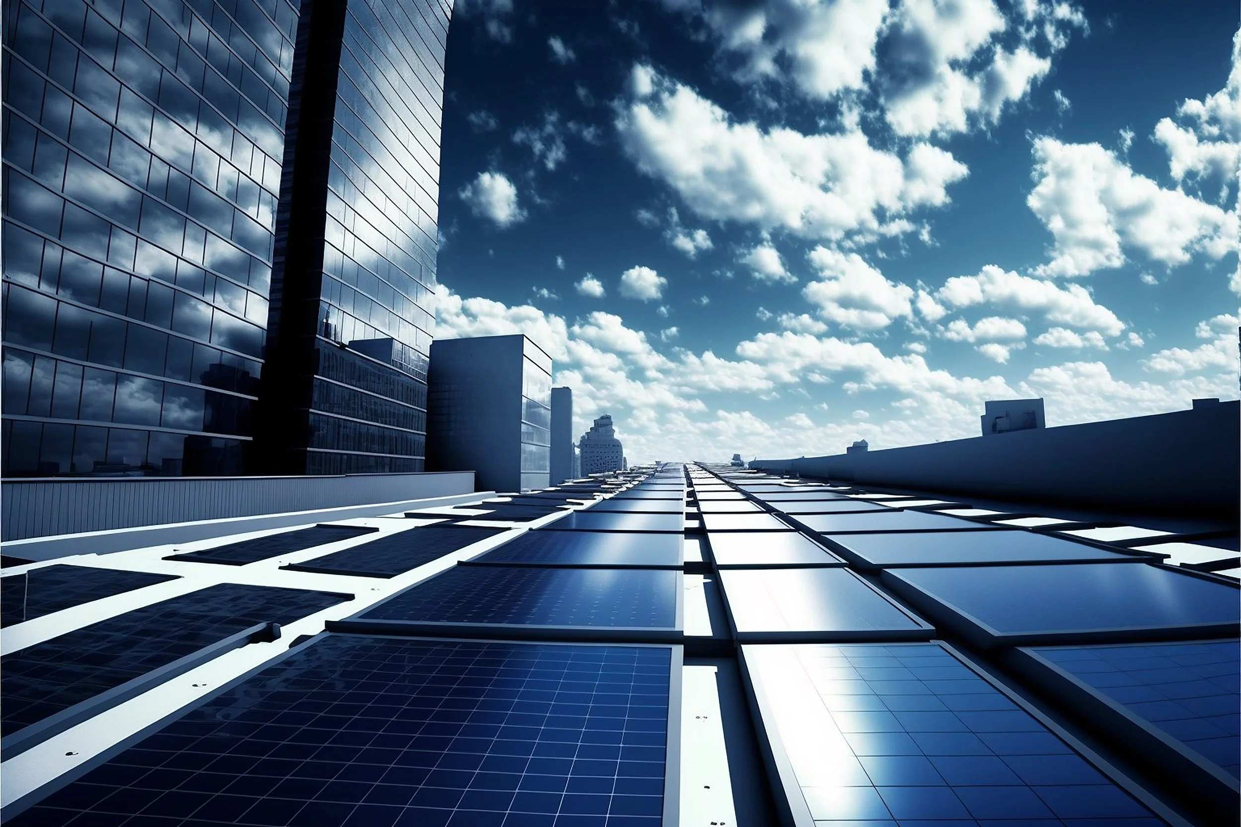 Solar panels on a tall building rooftop reflecting blue sky and clouds.
