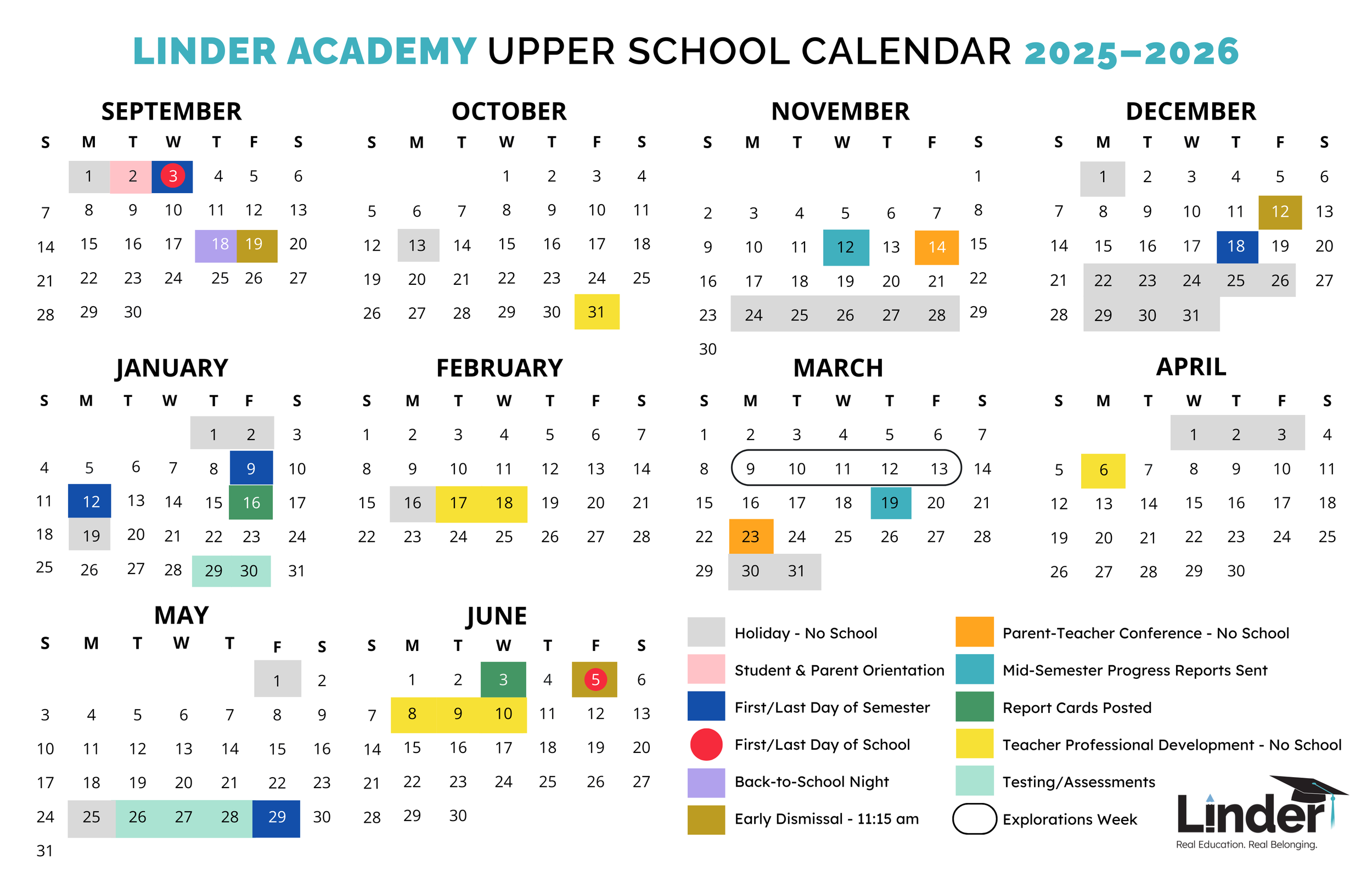 Linder Academy upper school calendar for 2025-2026, showing important dates such as holidays, parent-teacher conferences, testing, and early dismissals, organized by months from September to June.