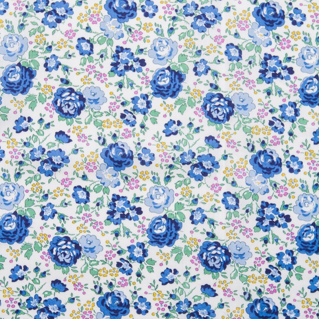 Felicite /  This rose trail pattern was designed for Liberty Fabrics in 1933. We chose this print for our collection because the vibrant blue with highlights of rich mustard and pops of dusty pink.
Available online now with our double gauze muslin be