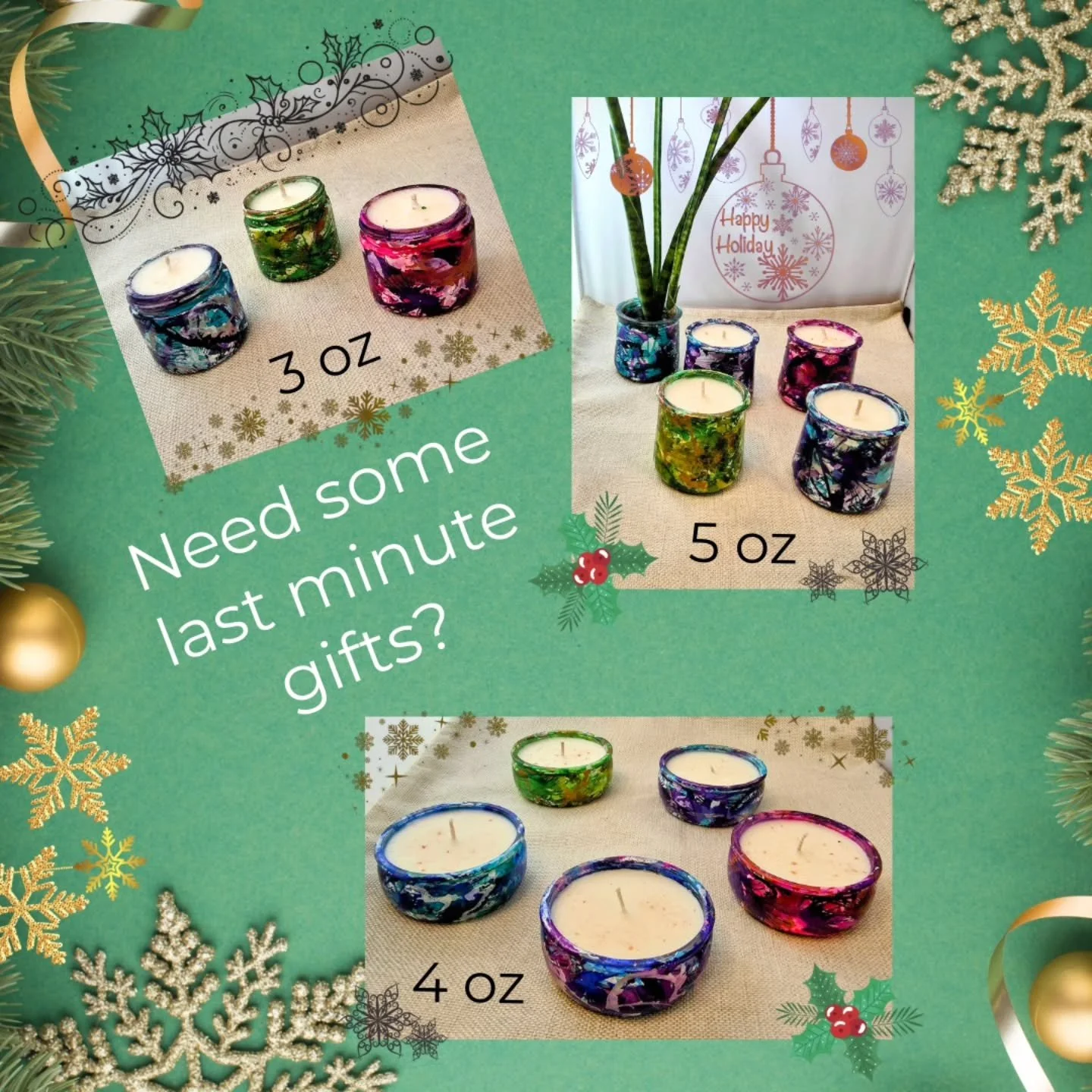 Need some last minute gifts?

🕯 An all-natural natural candle is perfect for anyone on your list. Comes pre-packed in gift bags for easy gifting 💛

❗️Only a few remaining! 

Remaining:
🌊 Coastal Currents 
4 oz - 2
3 oz - 3 
🍂 Fall Harvest 
5 oz -