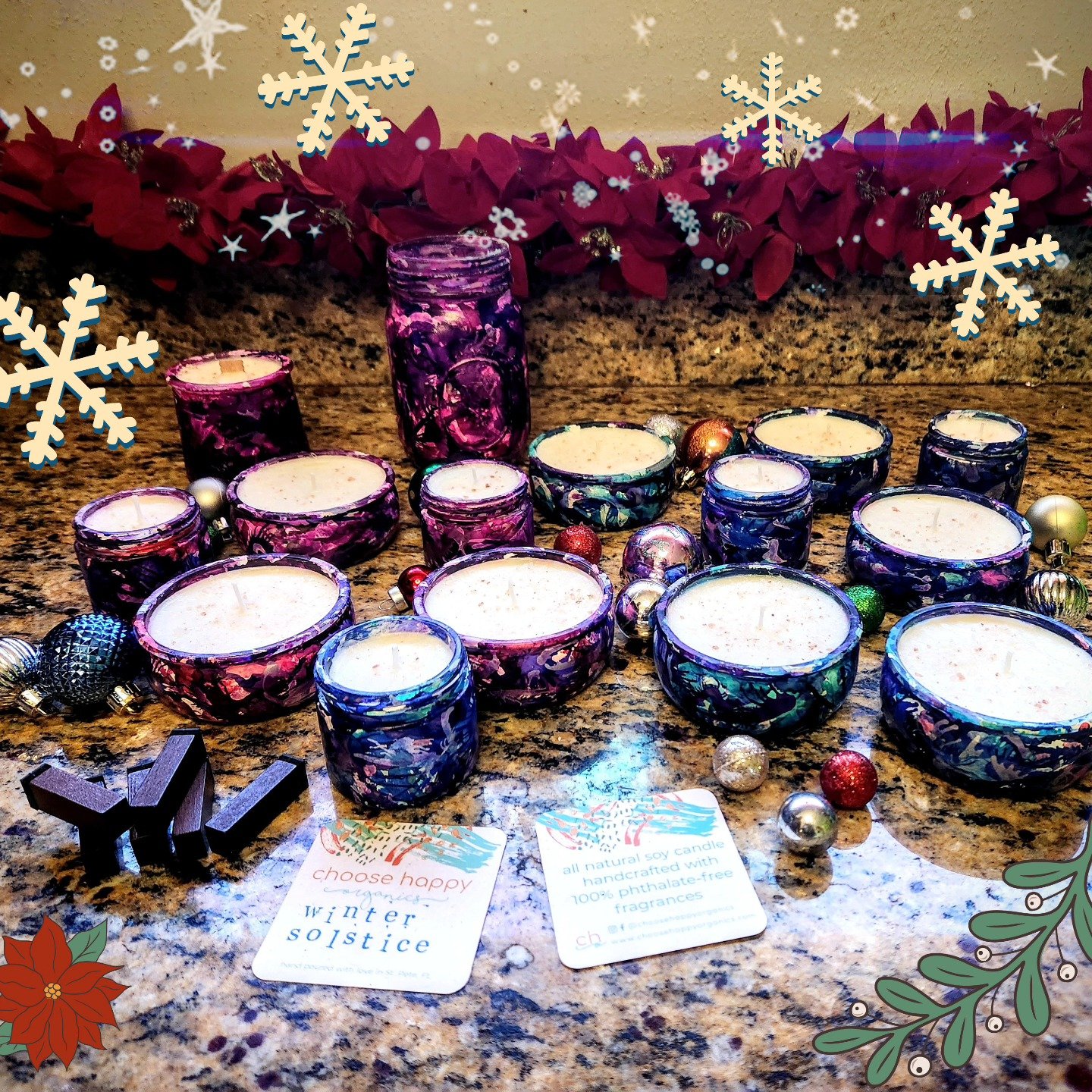 All natural soy candles handcrafted with 100% phthalate free fragrances. Hand poured into recycled glass jars that have been hand painted with a unique blend of colors. Return your jar for discount on a candle refill or use the beautiful jar around t