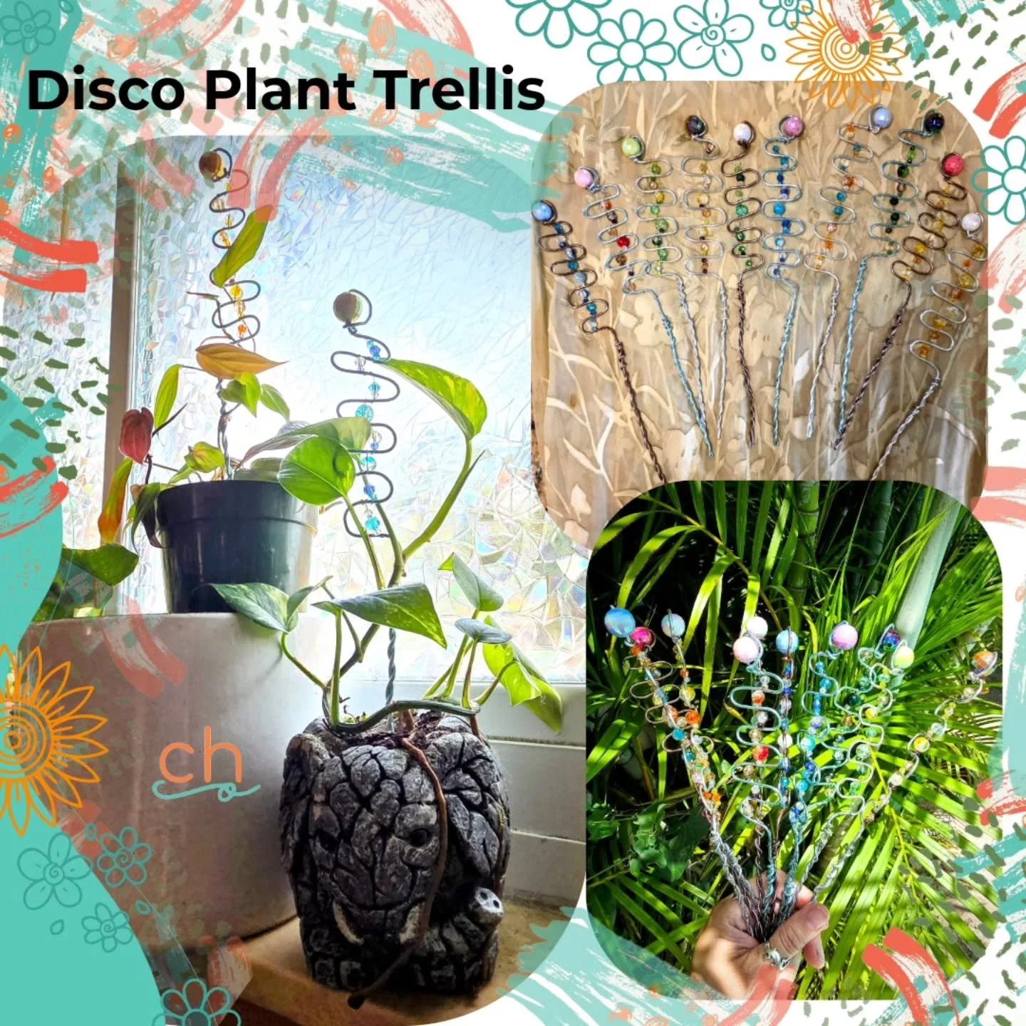 🌿 Plant lovers, I have quite a few awesome little creations for this week's markets, and this is just one of them! 

🪩 Let your plants disco. These handmade mini trellises are the perfect addition to any plant. Crafted with twisting vines, shimmeri