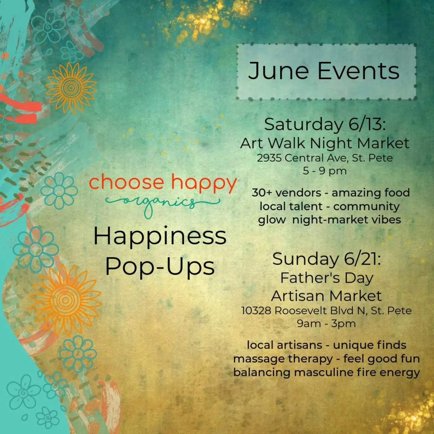 🔆 June Market Magic

❇️ Find us at these two June markets for all your all‑natural skincare favorites, clean‑burning candles, and funky, fun, plant‑lover creations that make life a little brighter.

🌙 Saturday 6/13 &mdash; Art Walk Night Market
293