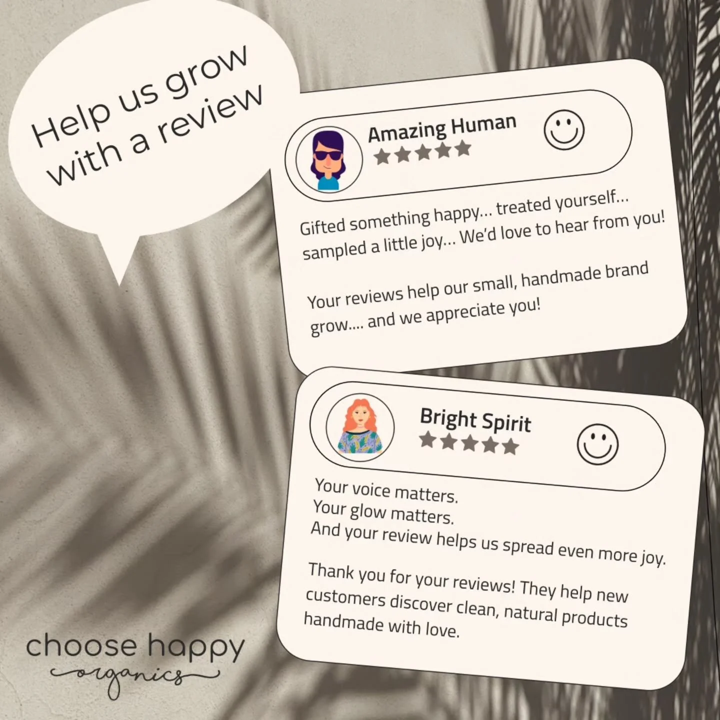 💛 Thank you for being part of the Choose Happy Organics story

😊 Have you experienced joy with our producs? 

Treated yourself with something natual, were gifted some happy products, or just tested out some of our all-natural, handmade products? 

