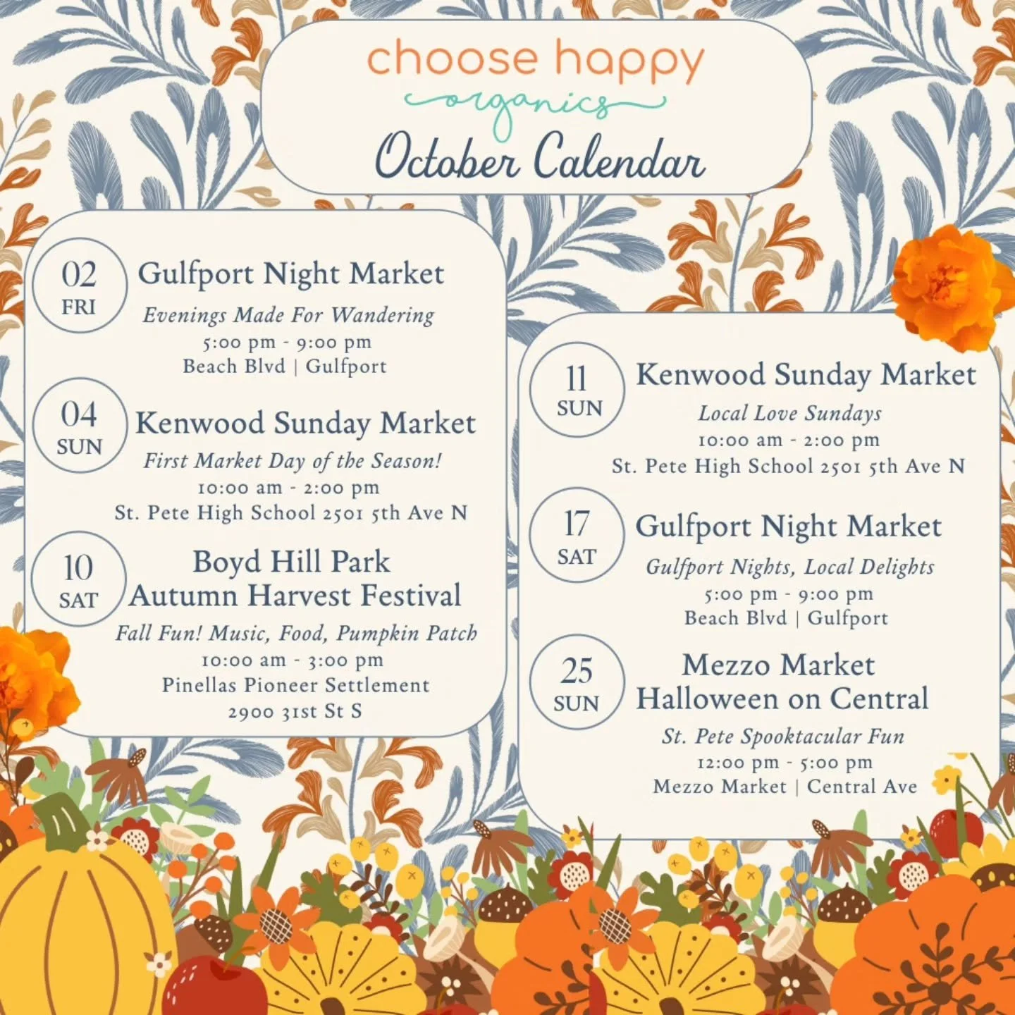 ✨️ Fall market fun start this week with Choose Happy Organics! Your go‑to for all‑natural skincare, clean‑burning soy candles, and plant‑lover creations. Made with simple, natural ingredients you can feel good about.

🍂This season is filled with fes