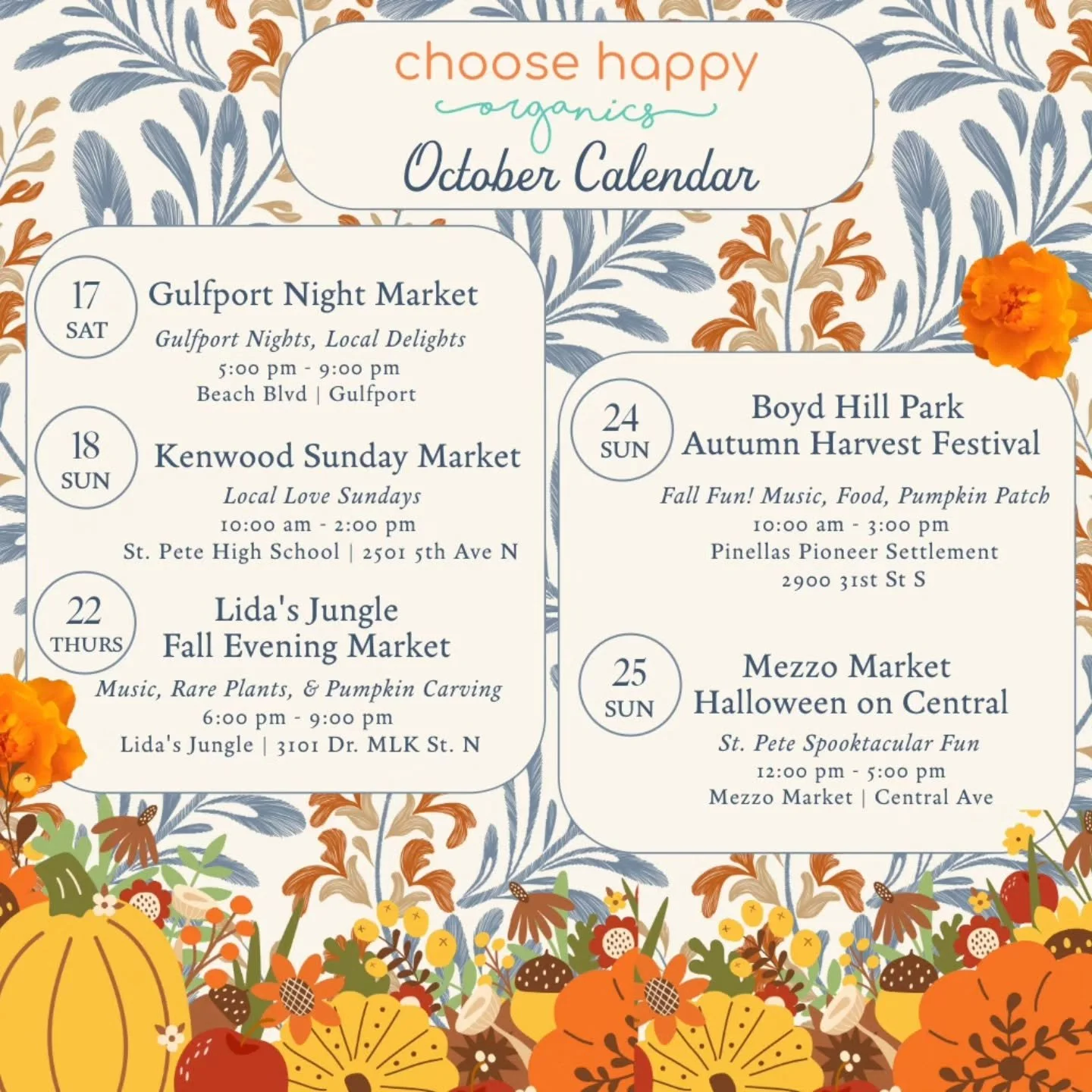 🌿💛 Catch Me Around Town This October! 💛🌿

❗️Updated Schedule: 

🌼 From lively Gulfport nights and Sunday farmers markets to festive fall gatherings and Halloween fun, October is bursting with opportunities to shop small and support local.

🌿 St