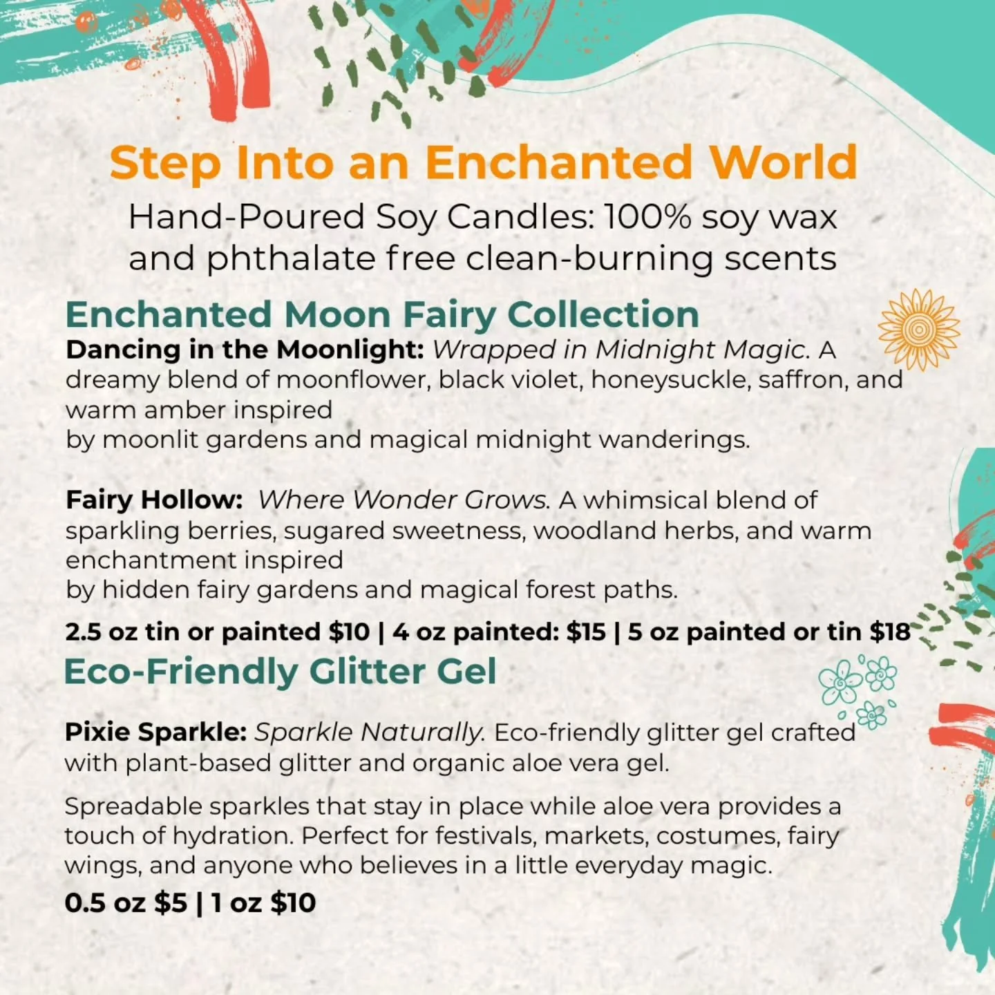 ✨️ Step Into an Enchanted World

🧚&zwj;♂️ Fairy Hollow, Dancing in the Moonlight, and Pixie Sparkles are making a special appearance this weekend!

❇️ Whimsical scents, moonlit magic, and eco-friendly sparkle await.

🌿 Handcrafted with natural ingr