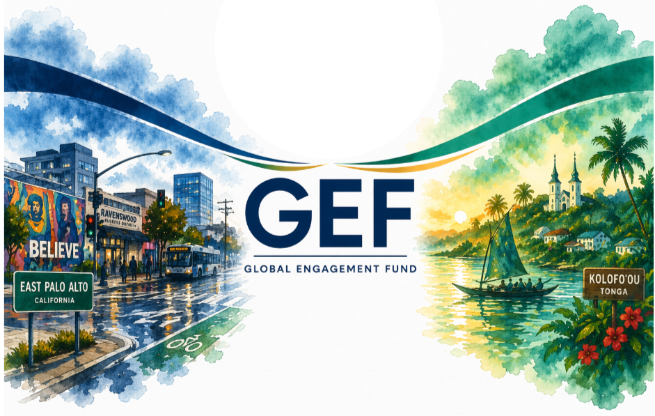 A colorful illustration split into urban and tropical scenes, featuring city streets with buildings, a bus, and murals on the left, and a river with a sailboat, palm trees, and tropical foliage on the right, with the GEF logo and text in the center.