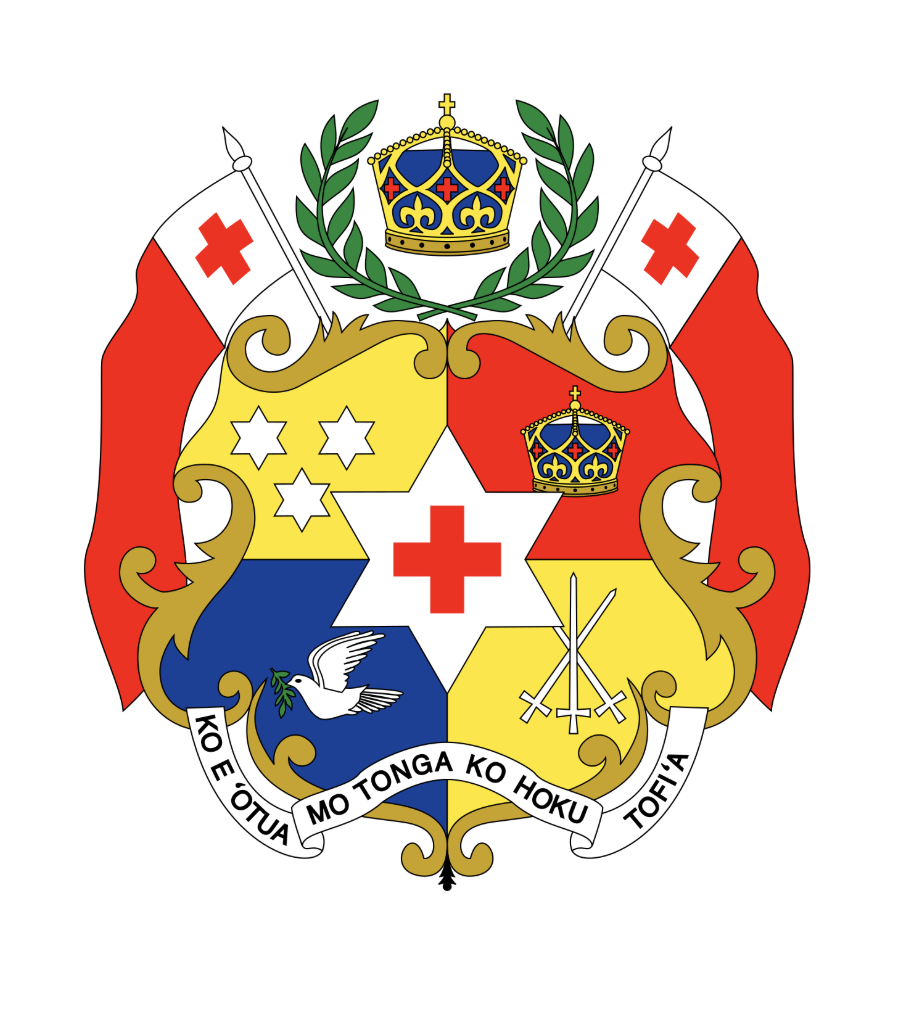 The coat of arms of Tonga, featuring a shield divided into four quadrants with symbols representing different aspects of Tonga's heritage, topped by a crown and surrounded by flags and a banner with the motto in Tongan.