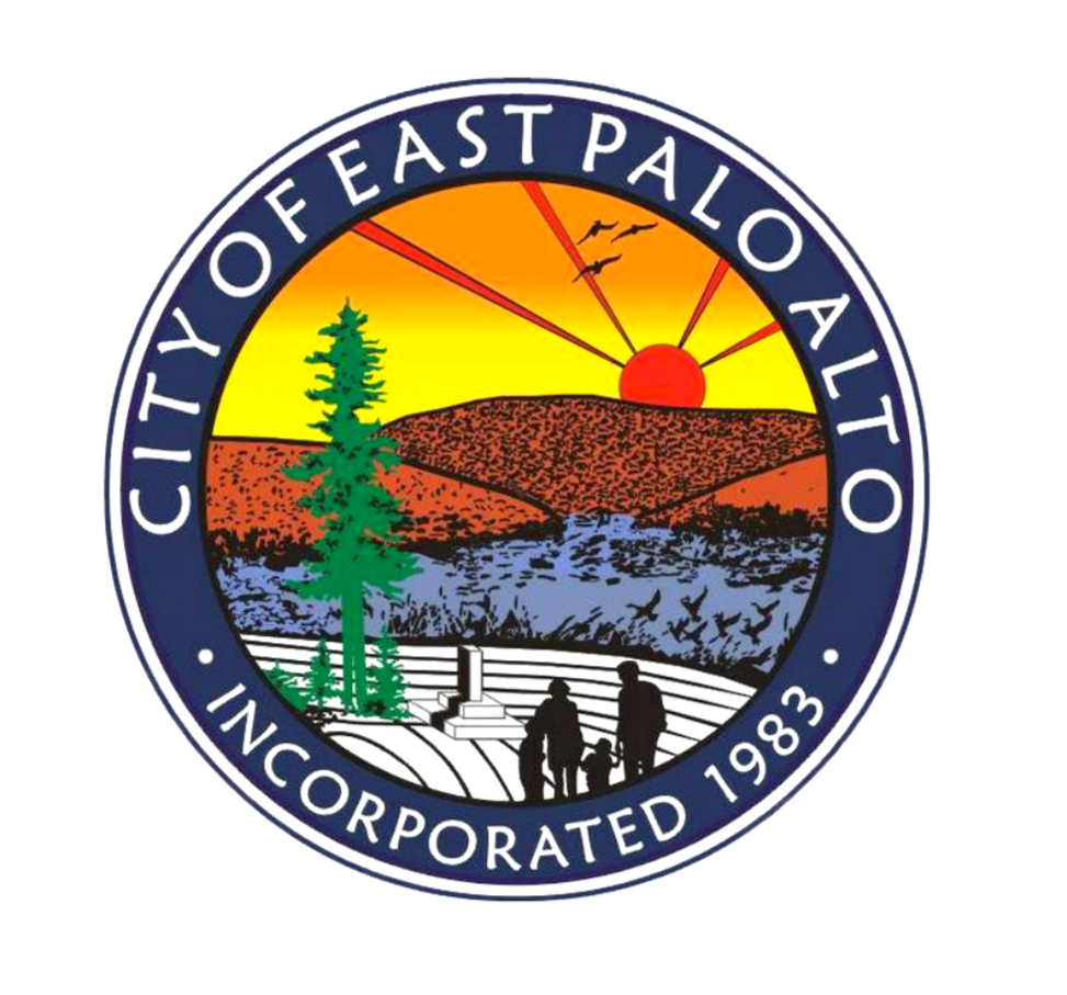 Seal of the City of East Palo Alto featuring a sunset over meantains and a river, with a tree, birds, and two people walking, encircled by the city name and incorporation date.