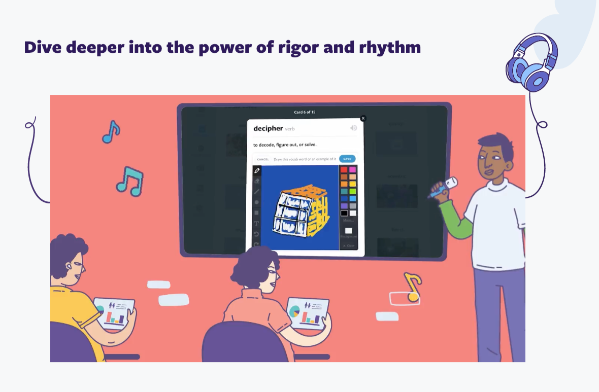 An illustration of a classroom or workshop where a man is giving a presentation on digital learning tools, showing a screen with an editing app and a drawing of a cube, with students using tablets, and musical notes and headphones as design elements.