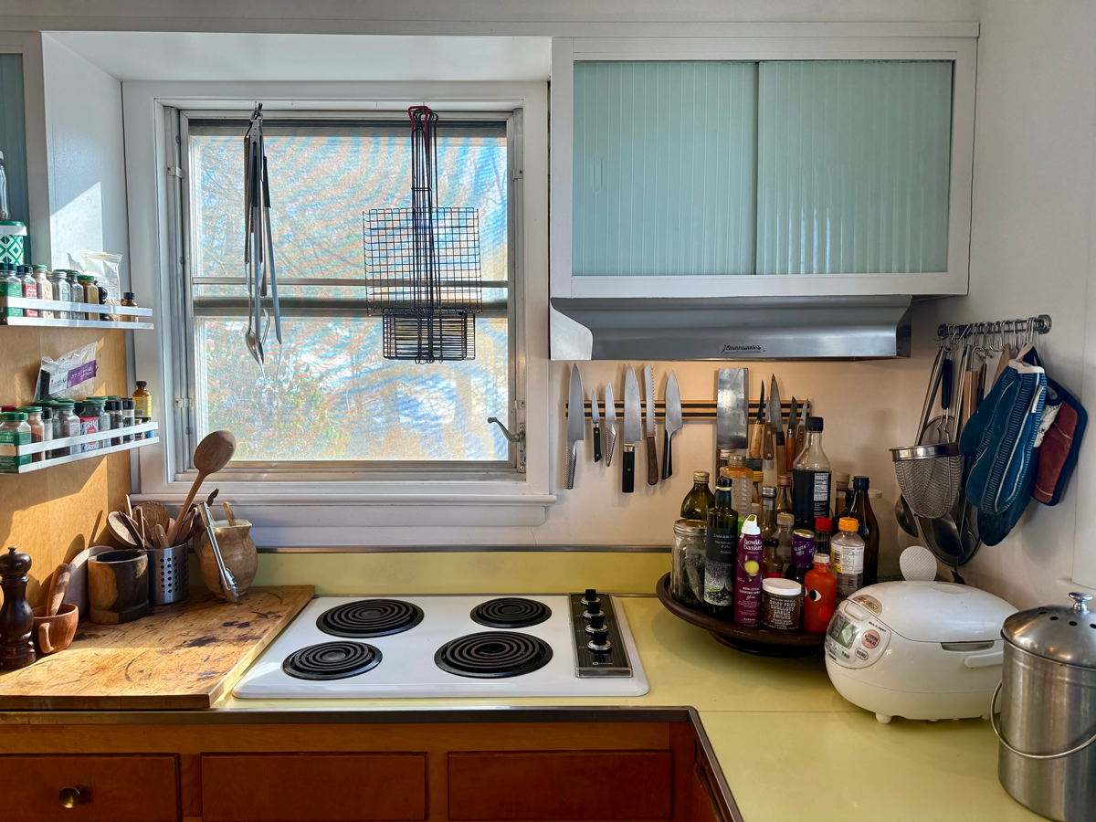 A kitchen countertop with a stove, various jars and bottles, knives on a magnetic strip, a rice cooker, and utensils near a window.