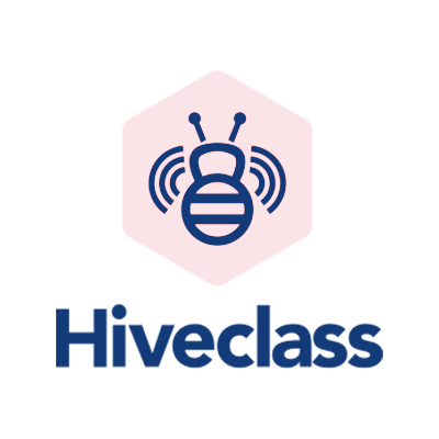 A logo featuring a bee inside a hexagon with sound wave lines around its wings, and the word "Hiveclass" below.