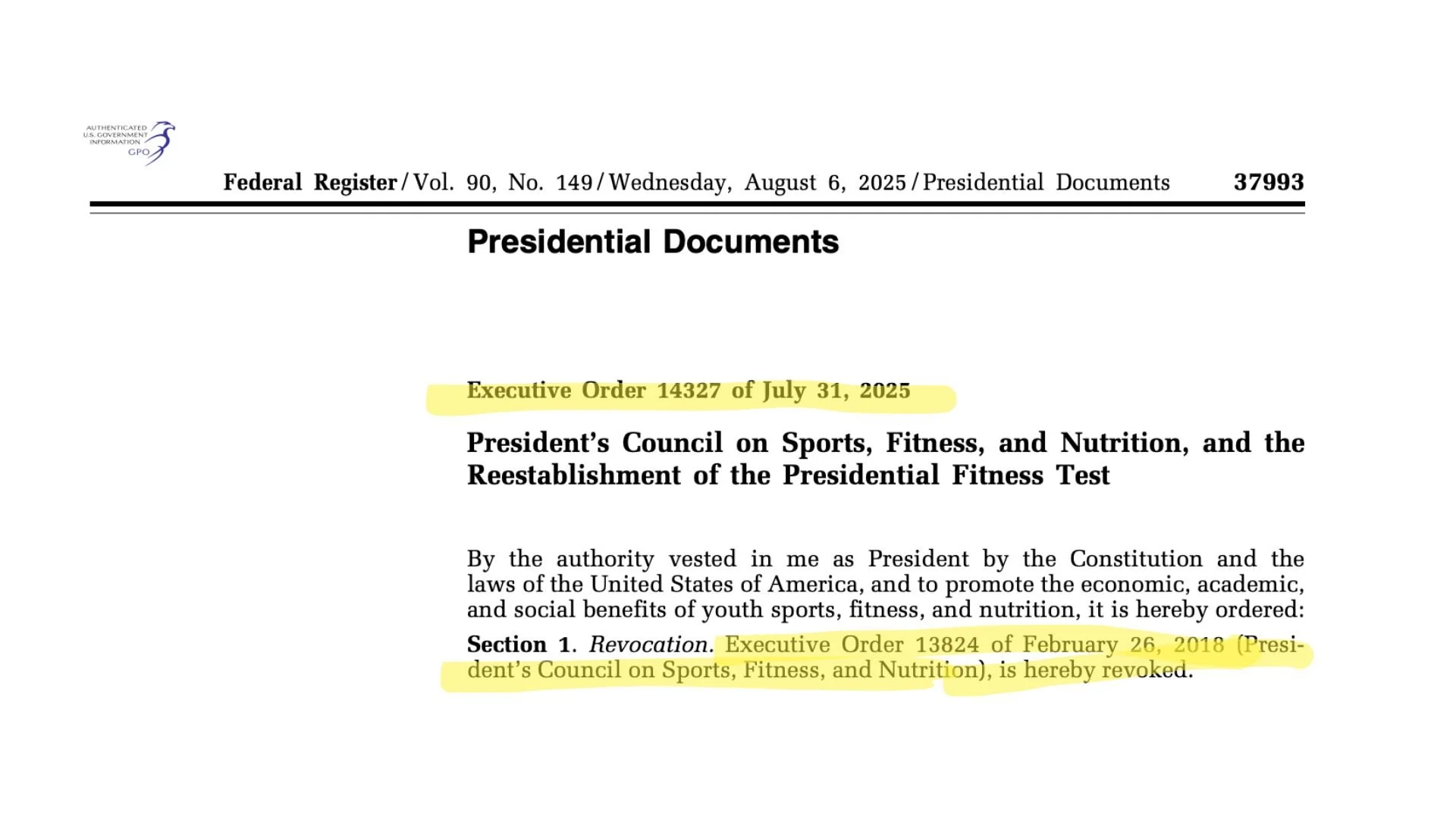 Official government document titled 'Presidential Documents' with highlighted text indicating Executive Order 14327 of July 31, 2025, regarding the President’s Council on Sports, Fitness, and Nutrition, and the revocation of Executive Order 13824 of February 26, 2018.