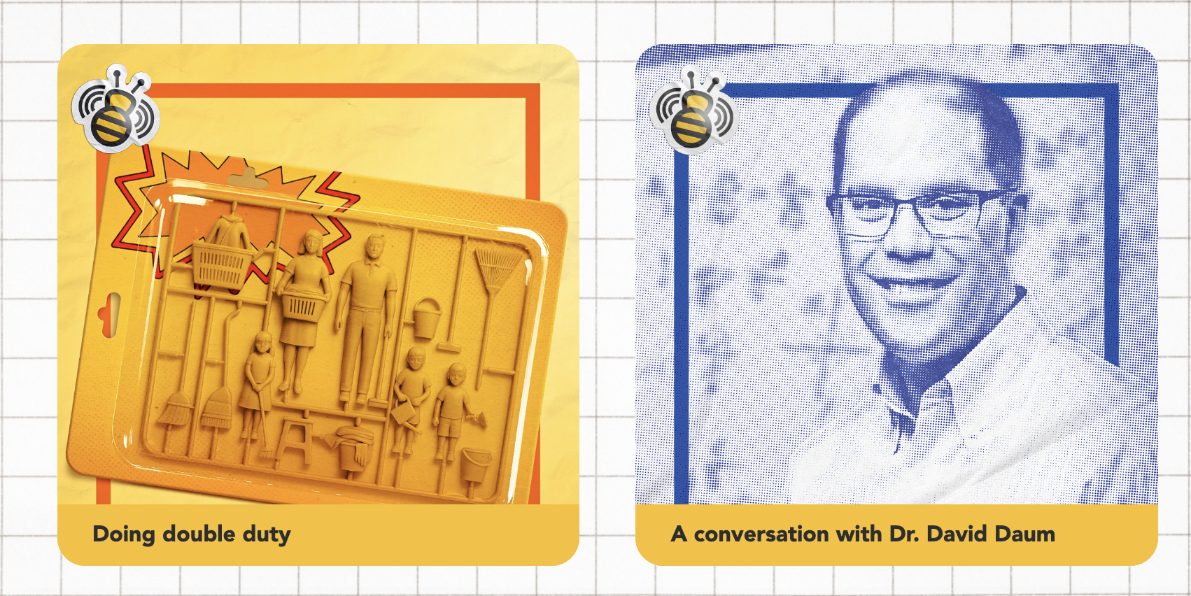 Image of a yellow plastic figurine set representing household chores, with a broom, mop, and cleaning tools, labeled "Doing double duty." Next to it, a blue-tinted halftone photo of Dr. David Daum smiling, labeled "A conversation with Dr. David Daum."