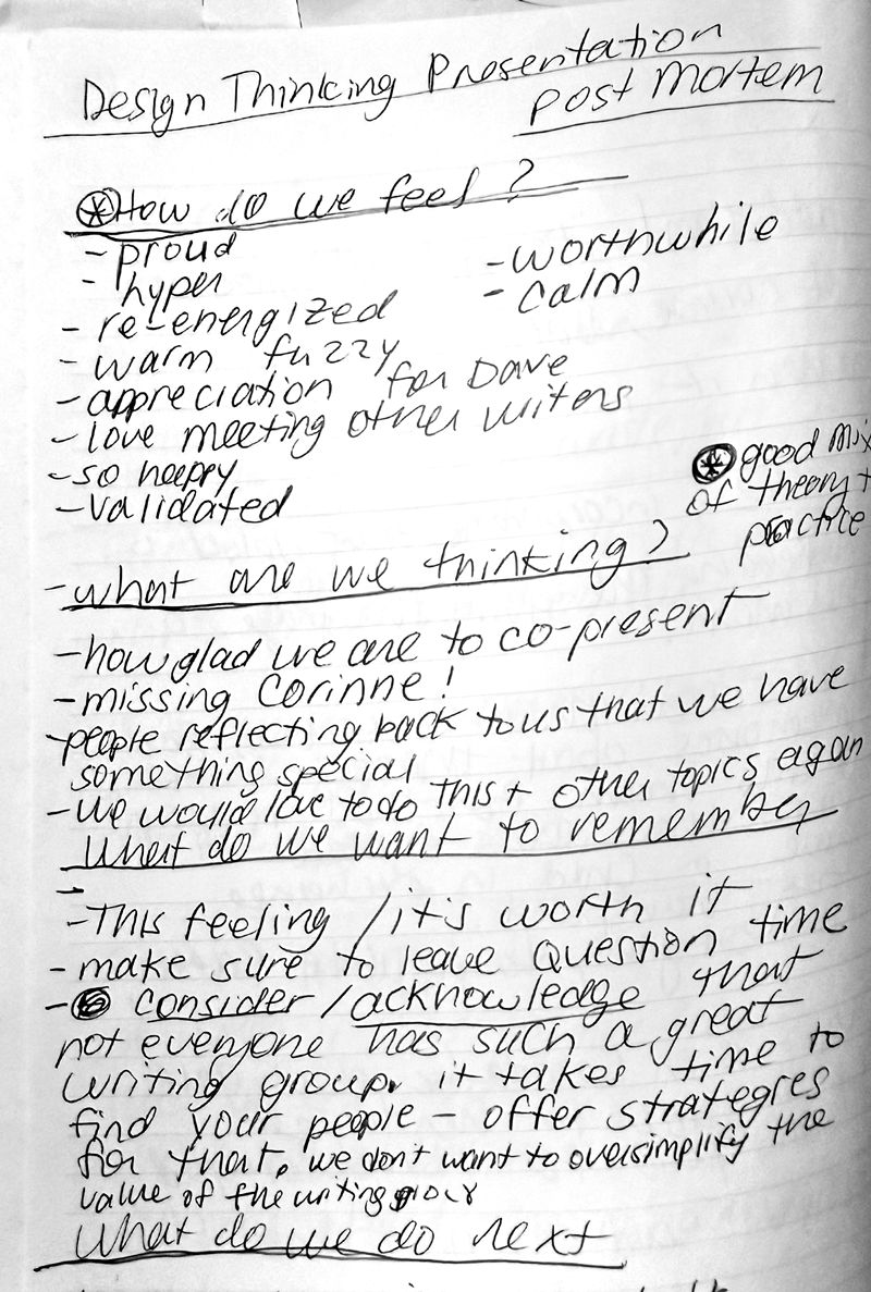 Handwritten notes on paper discussing design thinking, presentation post-mortem, feelings, reflections, and next steps.