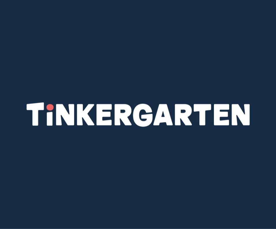 Logo with the text 'TINKERGARTEN' in bold white letters on a dark blue background, with a red dot above the 'i'.
