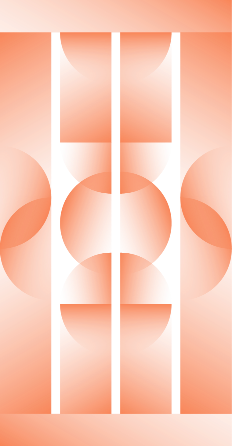 A person standing in front of a tall, orange background with pixelated patterns and abstract shapes.