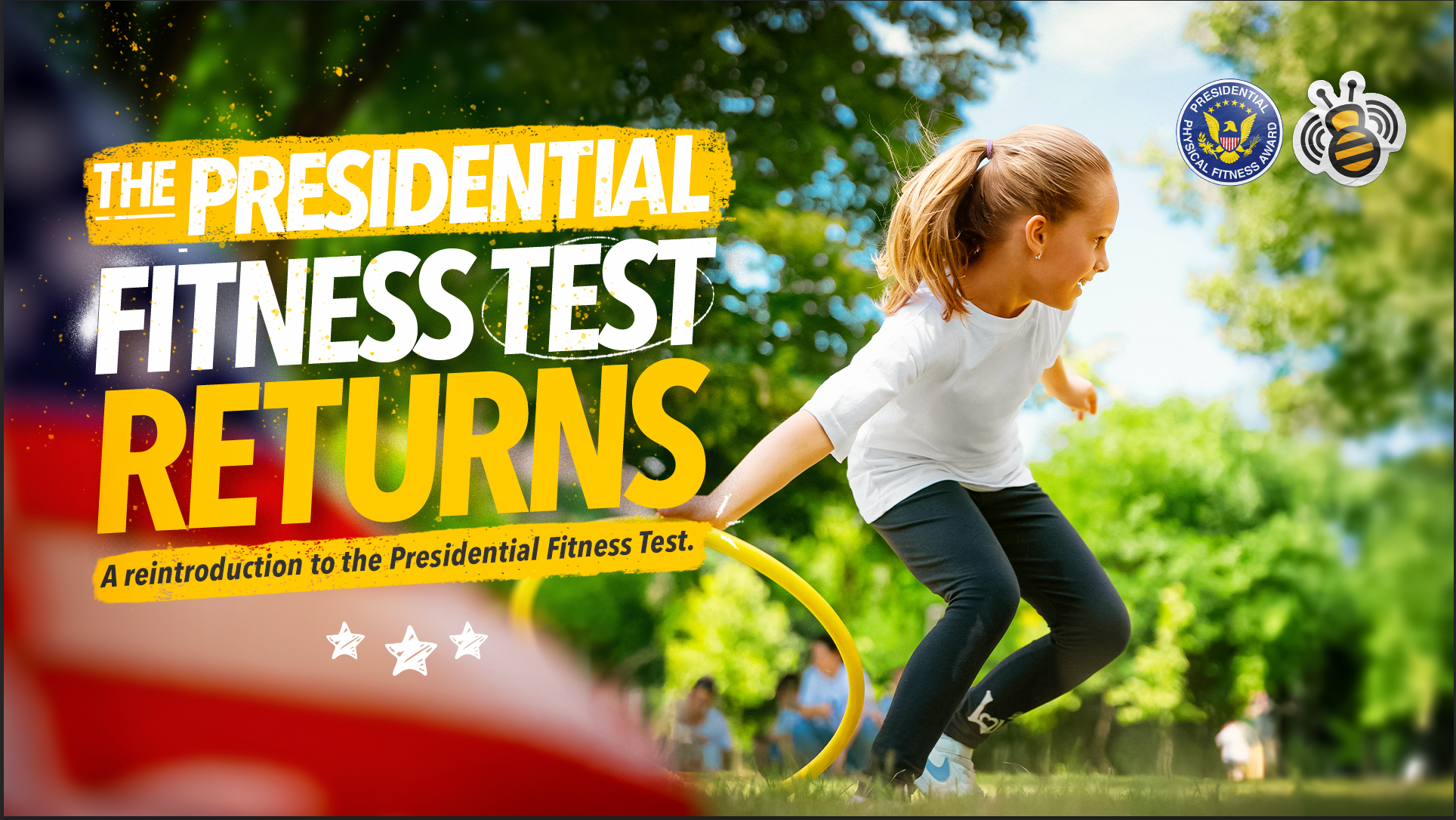 A young girl participating in a physical fitness test outdoors, jumping over a yellow hurdle, with a background of green trees and sunny sky, promoting the Presidential Fitness Test.