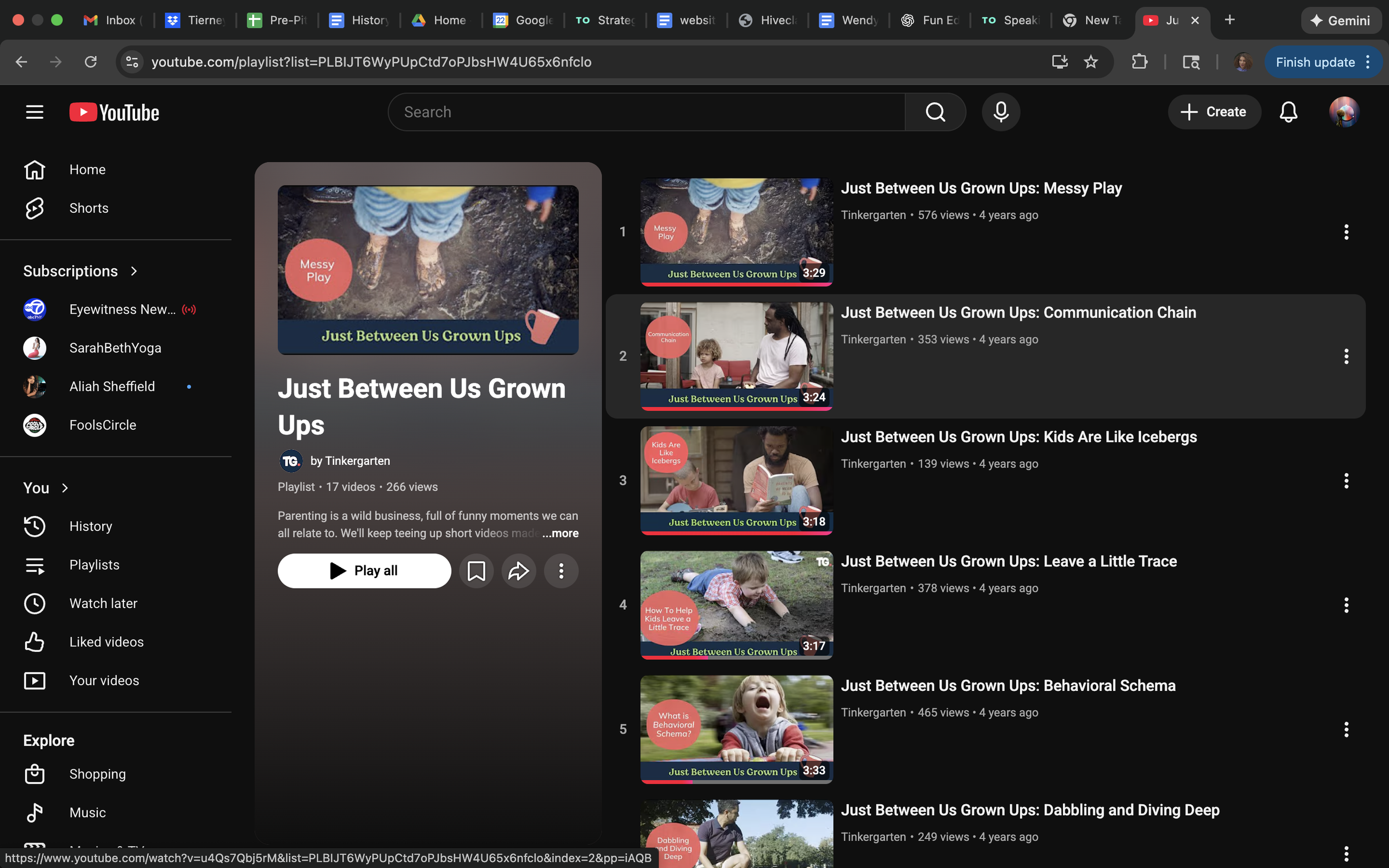 YouTube playlist page titled 'Just Between Us Grown Ups' showing a thumbnail of children’s feet on wet ground with text 'Just Between Us Grown Ups' and the playlist description.