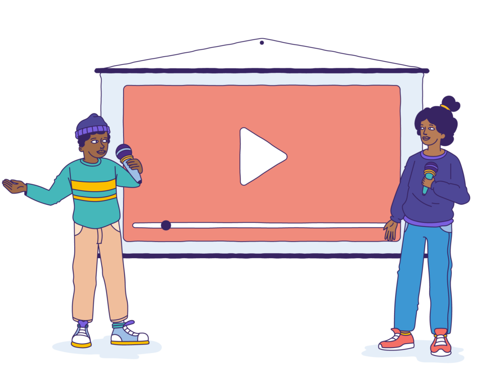 Two people standing in front of a large video player screen, each holding a microphone, suggesting a presentation or discussion.