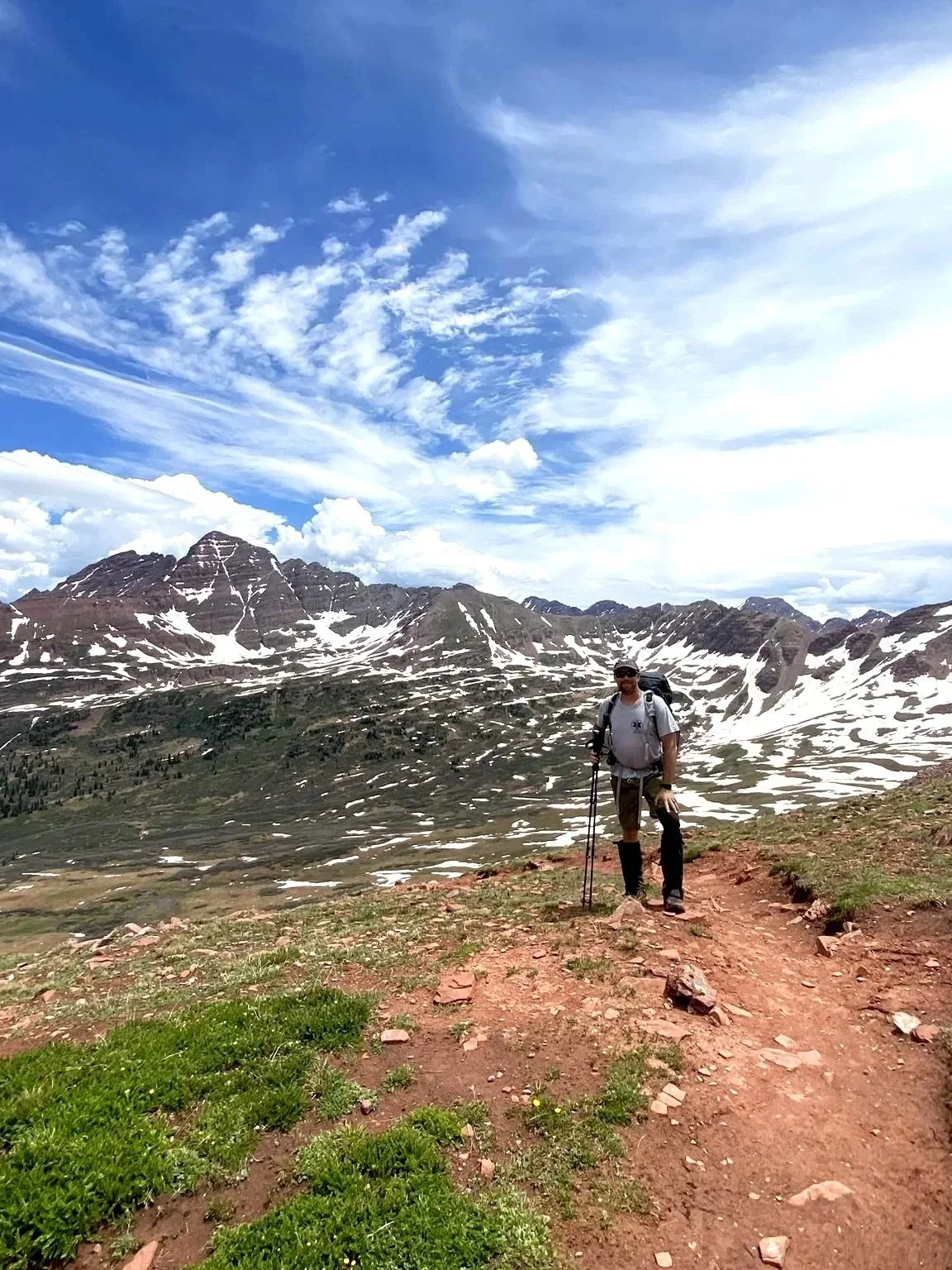 Hiker standing on a dirt trail in a mountainous landscape with snow-capped peaks and a partly cloudy sky.