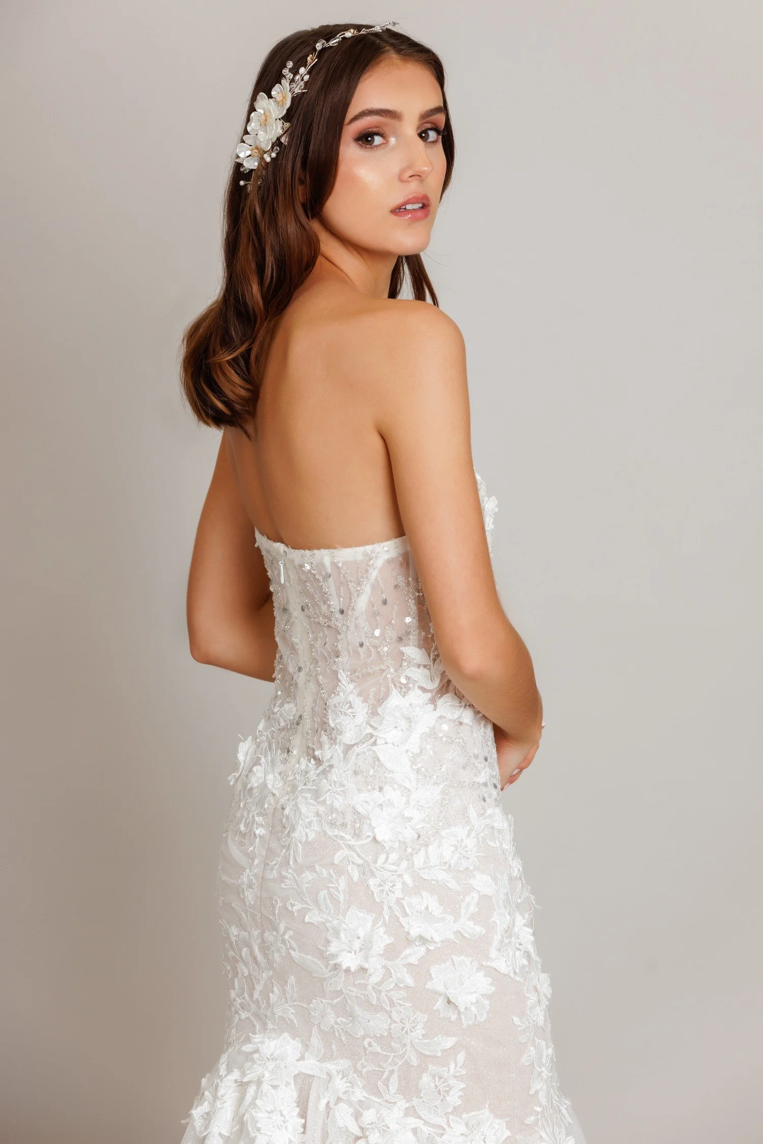 open back sweetheart neckline mermaid wedding dress with sparkly beading; sold exclusively by Elite Dress Bridal Seattle bridal shop