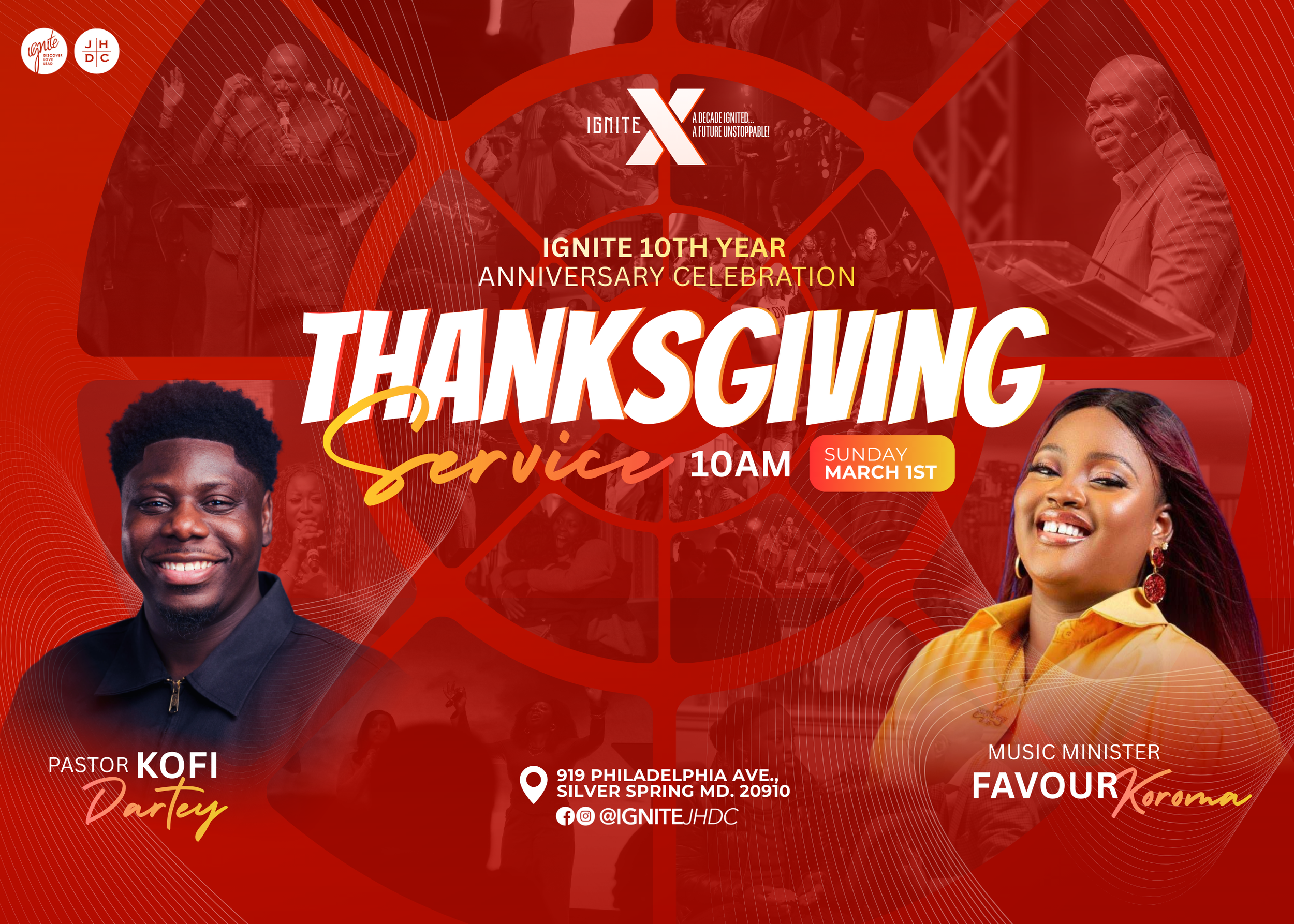 A promotional poster for an Ignite 10th Year Thanksgiving Service event featuring Pastor Kofi Dartey and Music Minister Favour Koroma, scheduled for Sunday, March 1st at 10 AM at 919 Philadelphia Ave., Silver Spring, MD. The poster includes images of smiling individuals, event details, and social media icons.