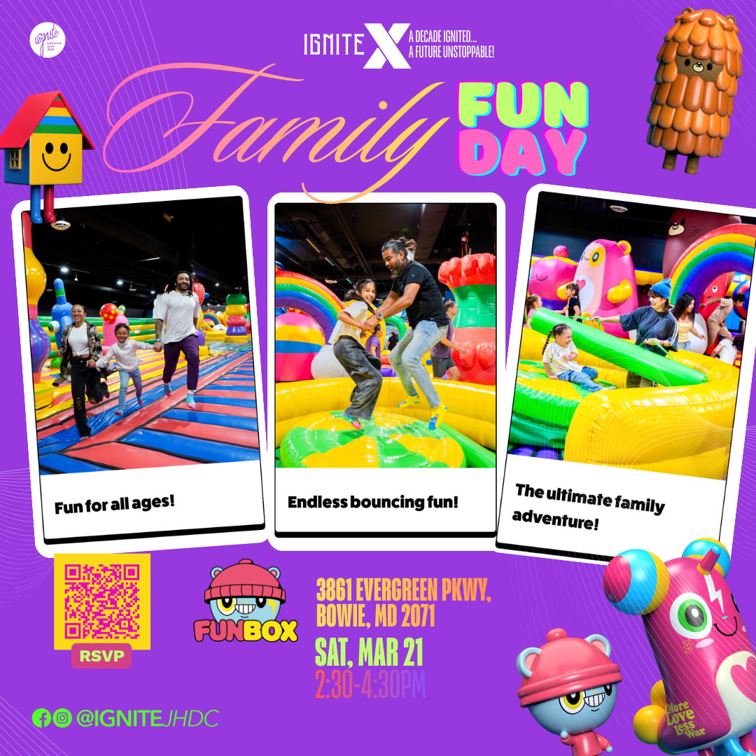 Colorful flyer promoting a family fun day at Fun Box with images of children and adults playing on bounce houses, with a purple background and various cartoonish characters and text describing activities and event details.