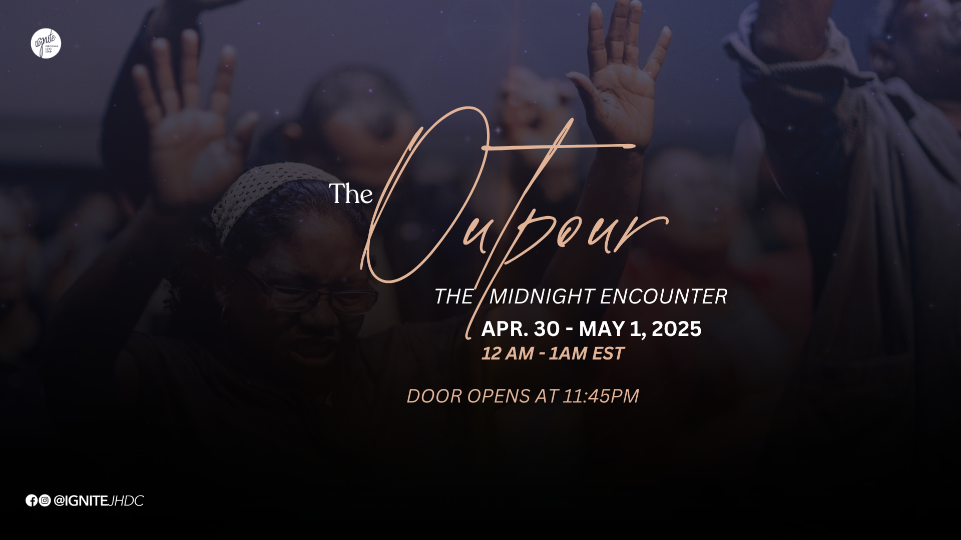 Event poster with photos of Pastor Kofi and Pwal on a pink background. Text promotes "The Outpour" event, with details about date, time, and location.