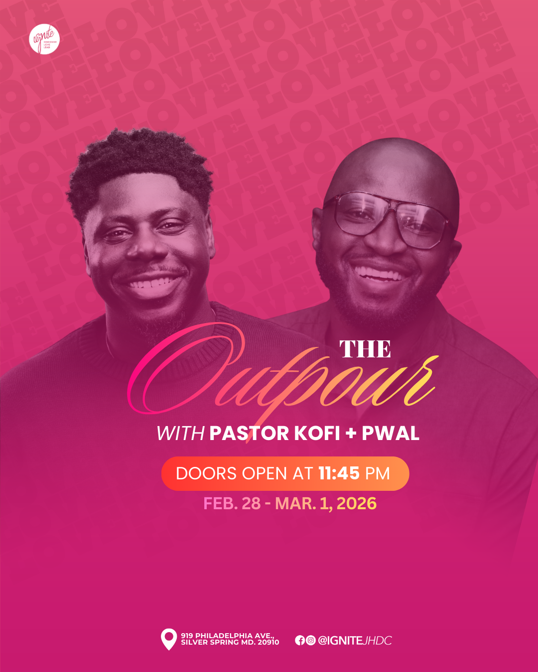 Event poster with photos of Pastor Kofi and Pwal on a pink background. Text promotes "The Outpour" event, with details about date, time, and location.