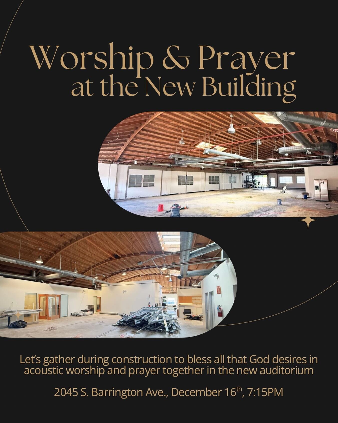 Worship + Prayer Night at the New Building!

See you Tues at 7:15 PM for a powerful night of acoustic worship &amp; prayer as a church family in our mid-construction new space. We&rsquo;ll anoint the walls, create a Post-it note wall filled with Scri