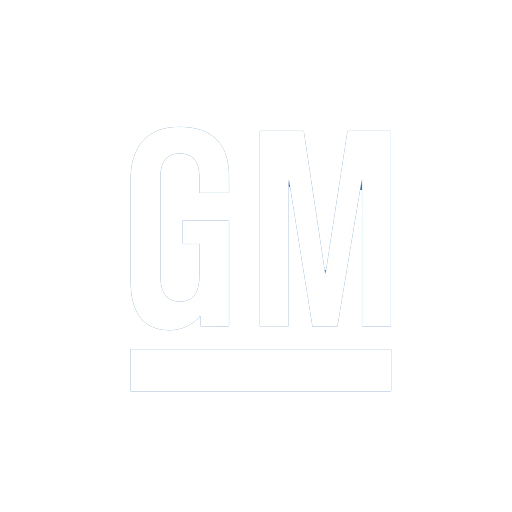 General Motors logo with white 'GM' letters on a black background.