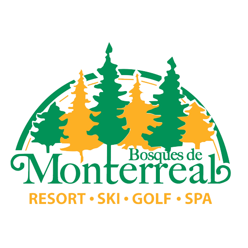 Logo for Bosques de Monterreb Resort, featuring green and yellow trees, with text indicating resort, ski, golf, and spa services.