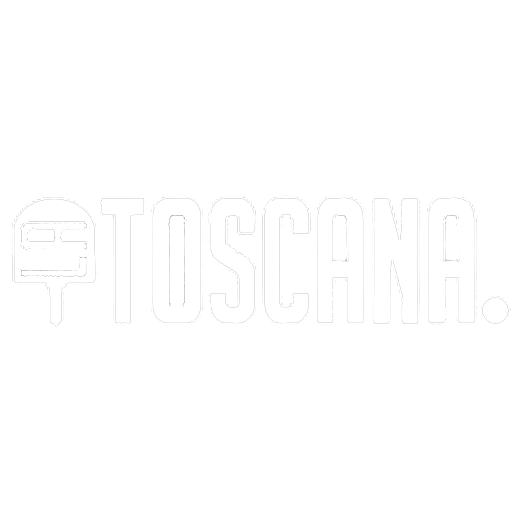 Logo with stylized text reading "Toscana" and a small icon resembling a label or badge.