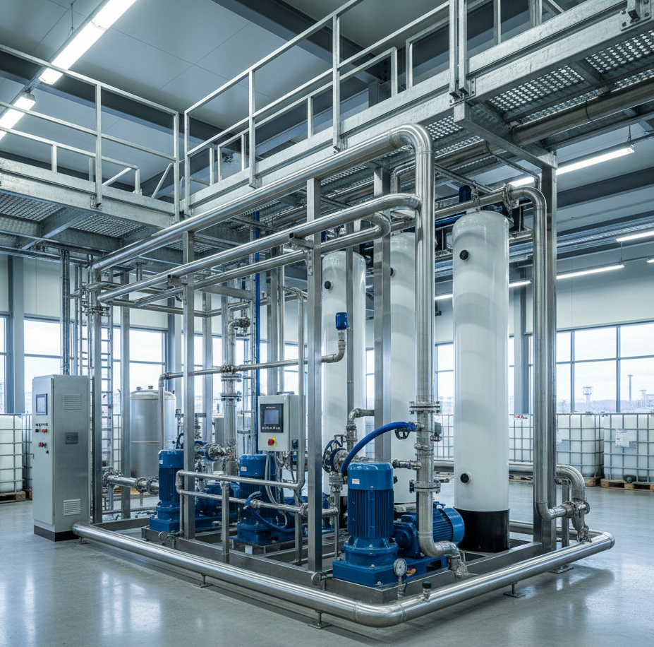 Sala de maquinaria industrial con tanques blancos y tuberías de acero inoxidable para procesos de osmosis inversa.