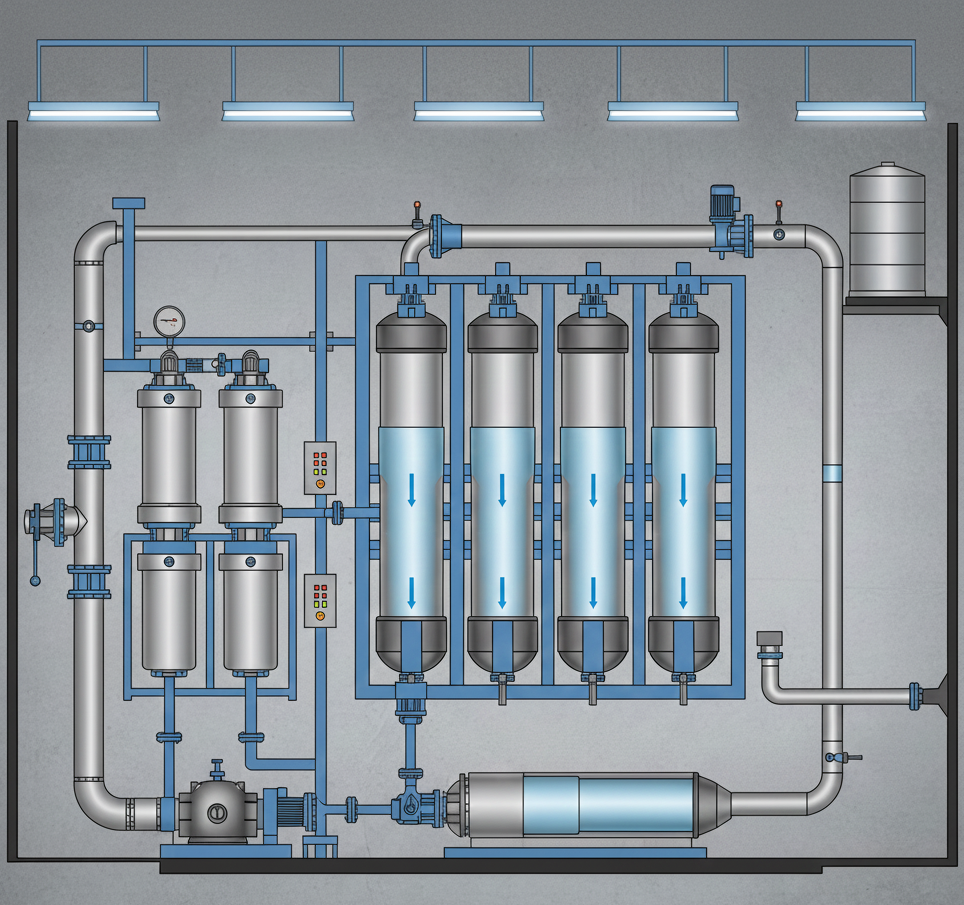 Ilustración técnica plana mostrando el flujo de agua, filtros verticales y tuberías de un sistema de osmosis inversa.