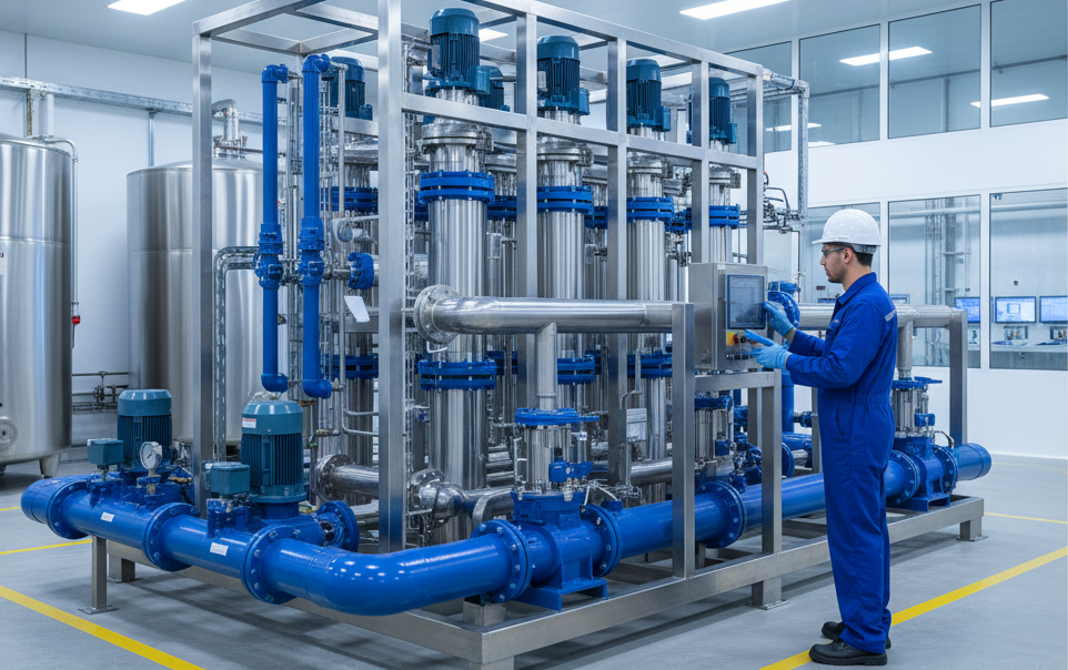 Banner de ingeniero industrial operando el panel de control digital de un sistema de purificación de agua por osmosis inversa