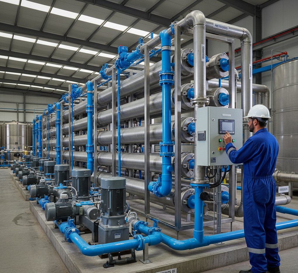 Gran infraestructura de filtración con módulos horizontales y bombas azules una planta lista para osmosis inversa.