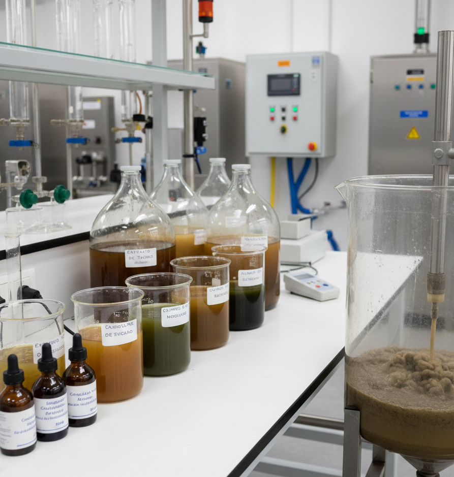 Frascos con muestras líquidas de coagulantes orgánicos de distintos colores en una mesa de trabajo científica.