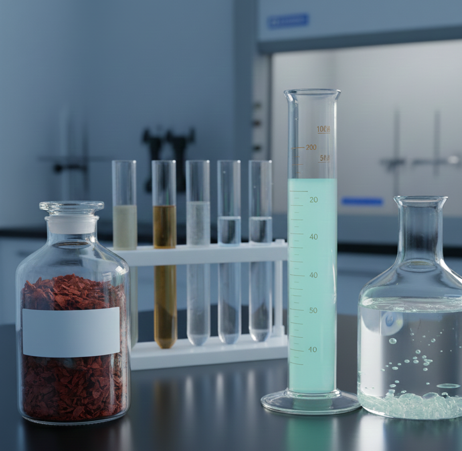 Muestras líquidas y sólidas en vidriería de laboratorio para el análisis de coagulantes inorgánicos.