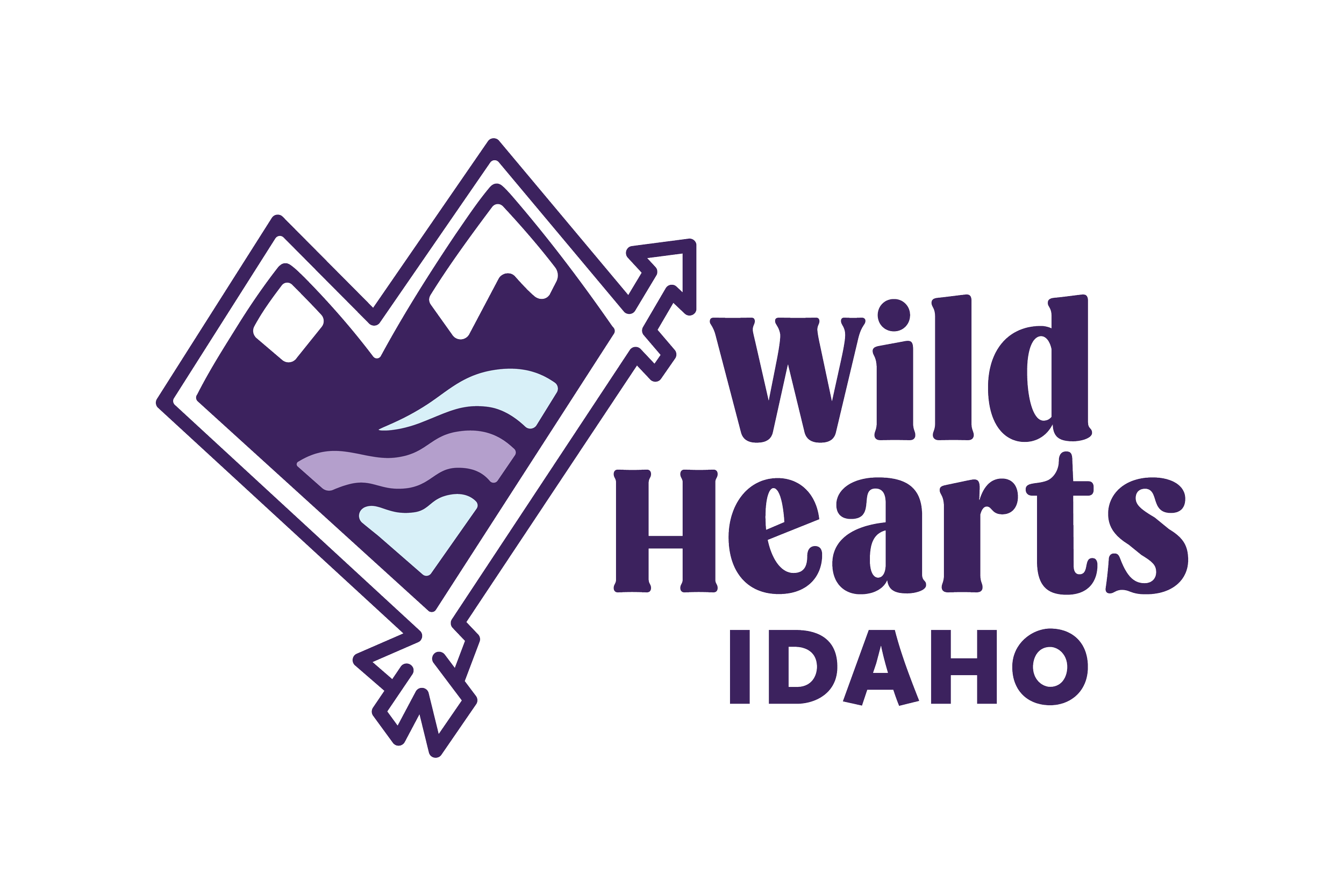 Logo for Wild Hearts Idaho featuring stylized mountains, water, and a heart-shaped arrow with purple and light blue colors.