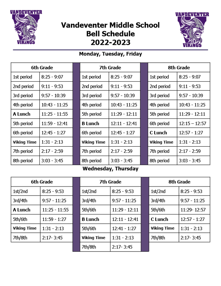 Class Schedule — Vandeventer MS Band