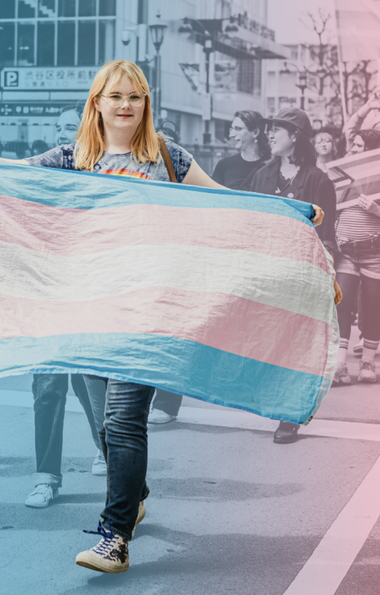 Person carrying a trans pride flag at a march
