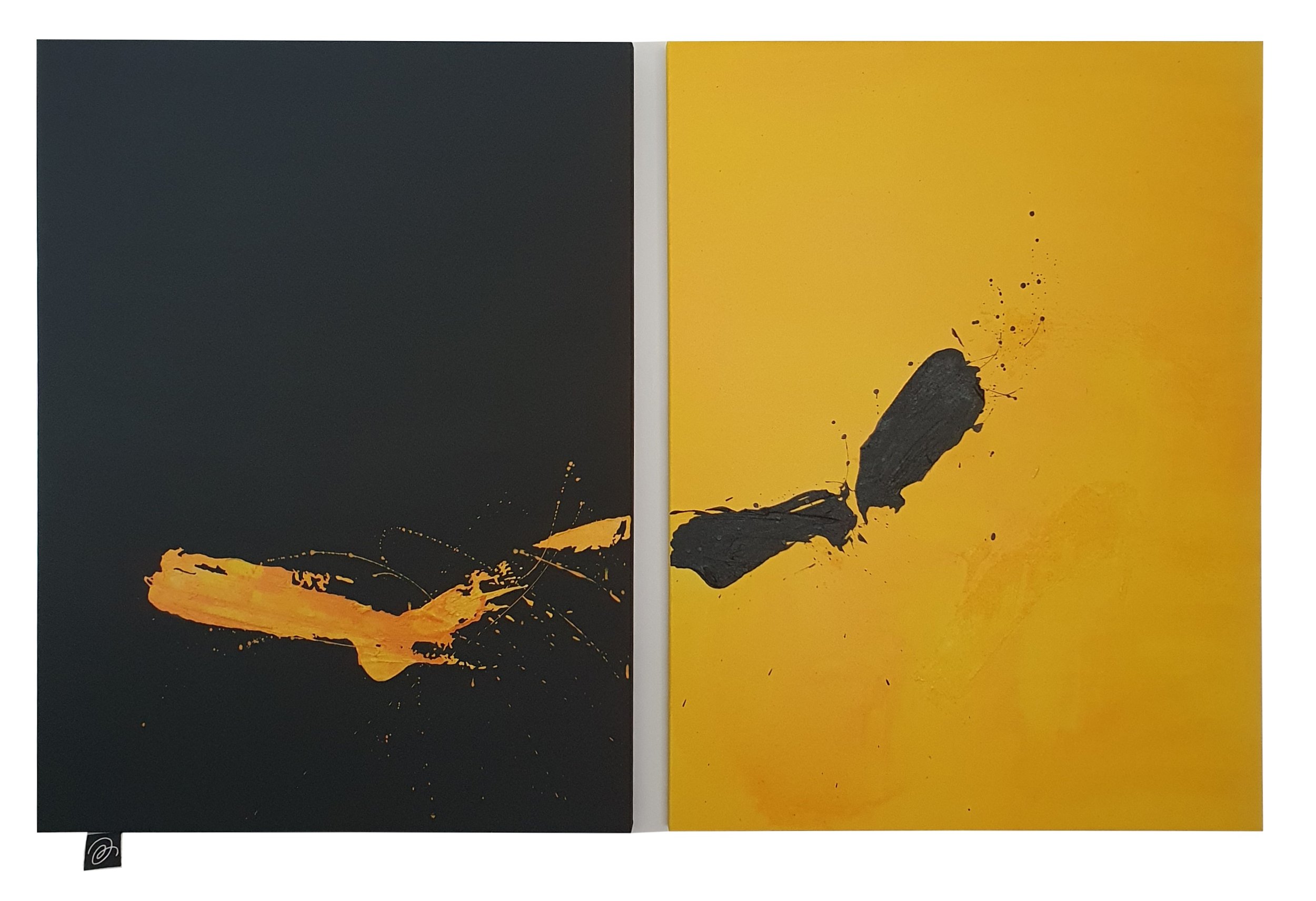 Abstract black brushstroke painting on yellow background with splatters.